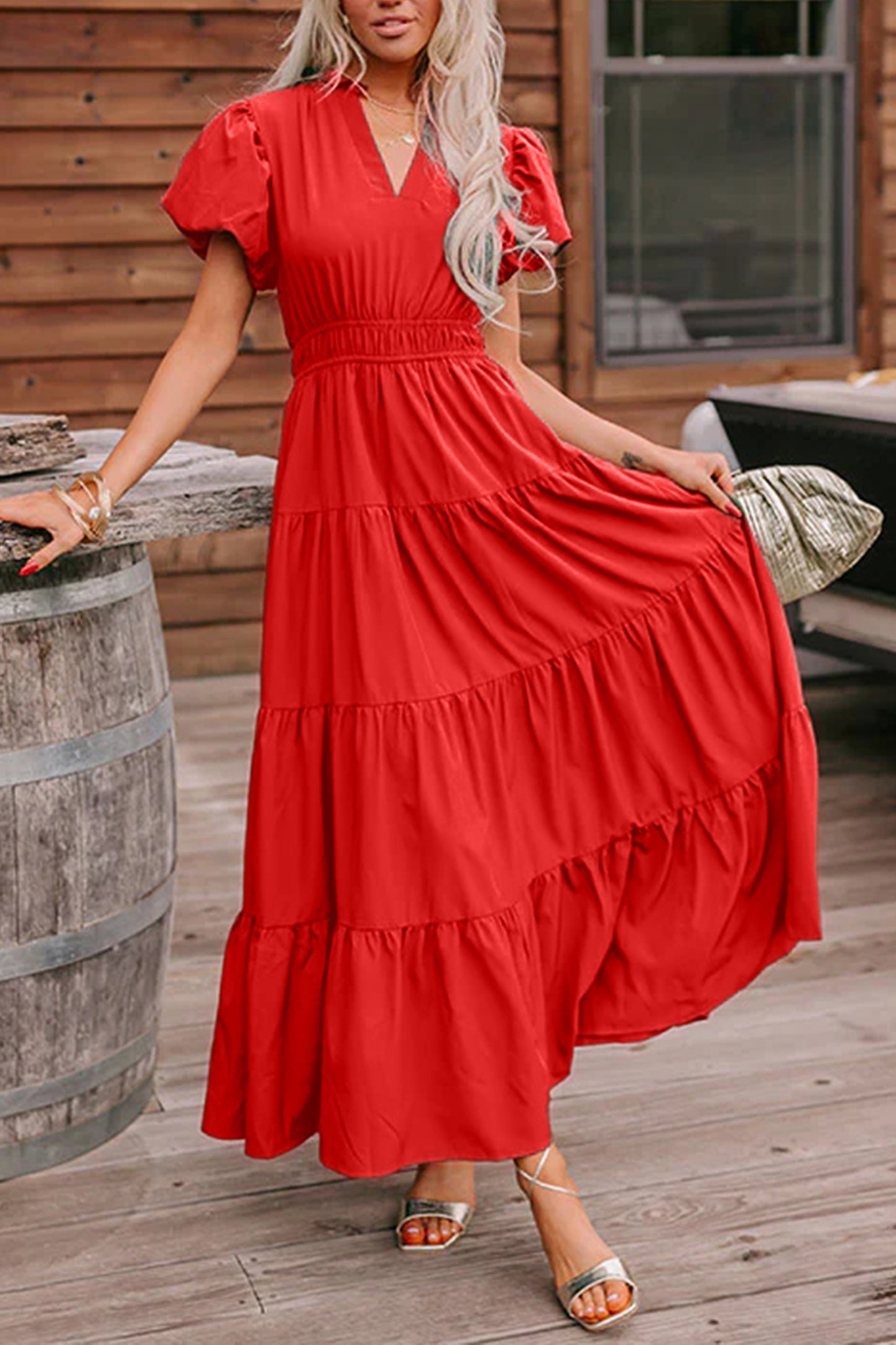 Gossamer Pink Solid Color V Neck Short Puff Sleeve High Waist Tiered Maxi Dress