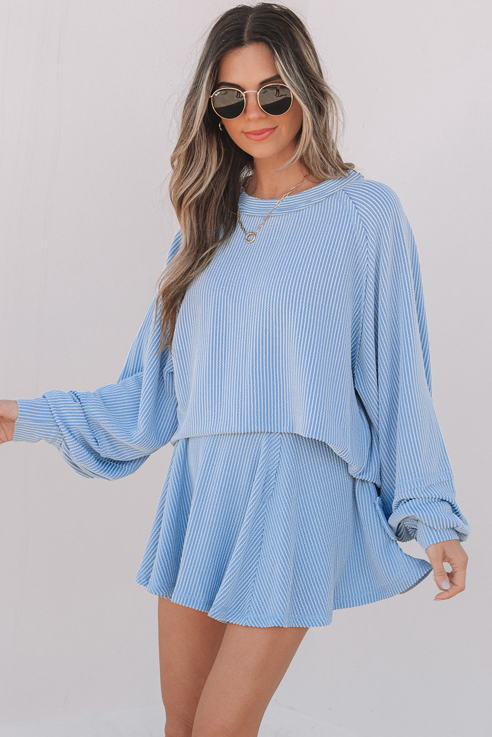 Corded Lantern Sleeve Top High Waist Ruffled Mini Skort Set- Jet Stream, Dark Grey, Sky Blue, Mist Green