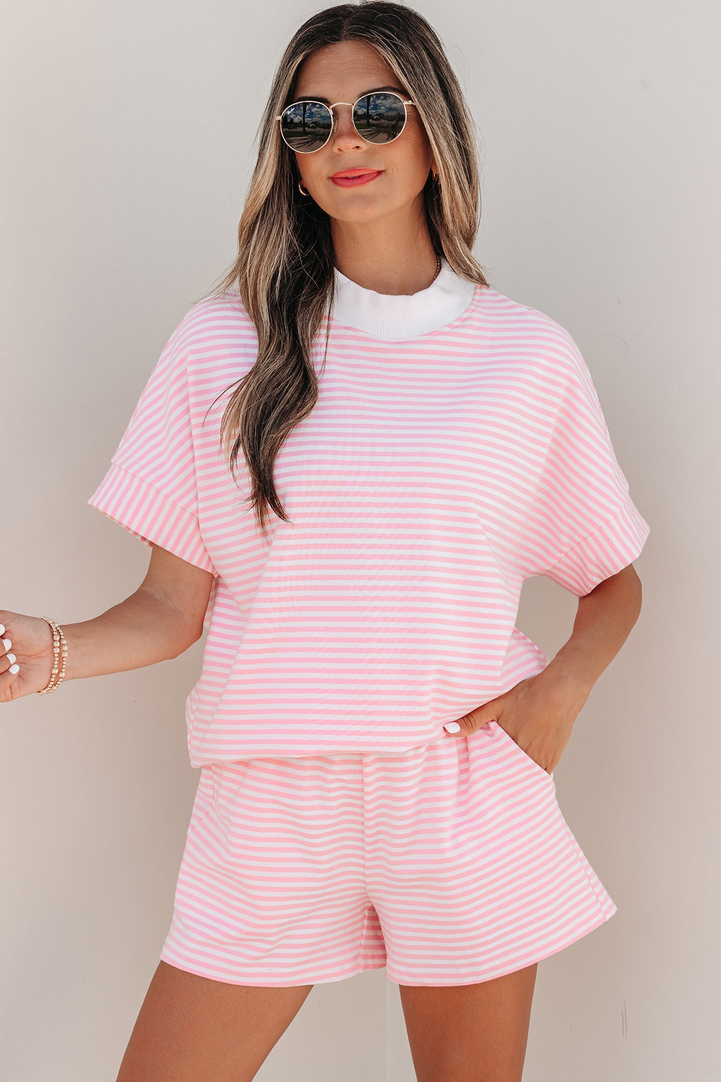 Stripe Cuffed Sleeve Contrast Mock Neck Tee Casual 2pcs Short Set