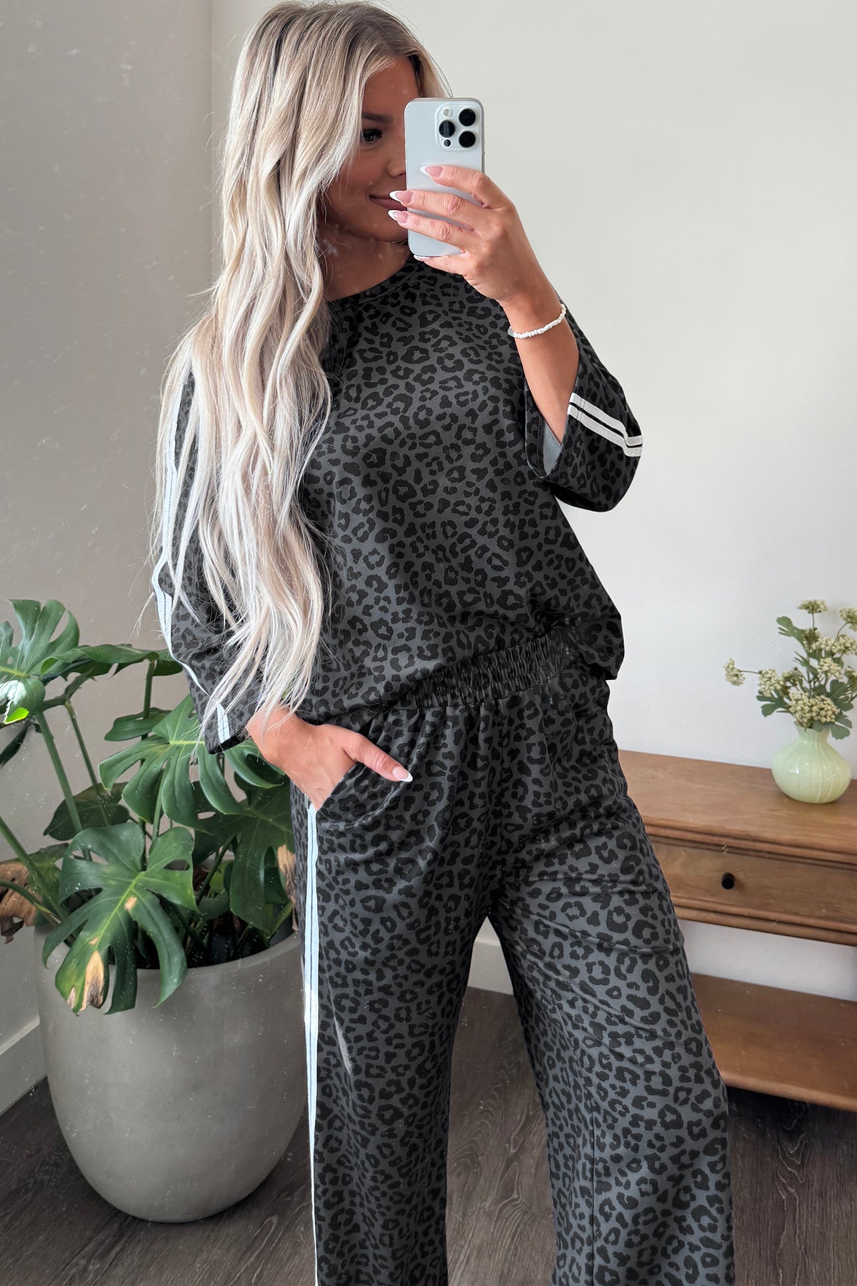 Apricot Leopard Print Varsity Striped Detail 3/4 Sleeve Top Shift Pant Set
