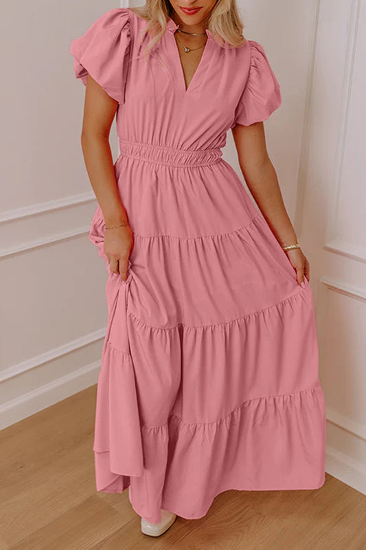 Gossamer Pink Solid Color V Neck Short Puff Sleeve High Waist Tiered Maxi Dress