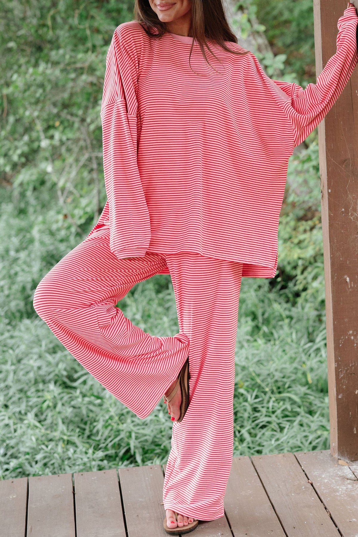 Brown Stripe Contrast Trim Round Neck Oversize Long Sleeve Top 2pcs Pant Set