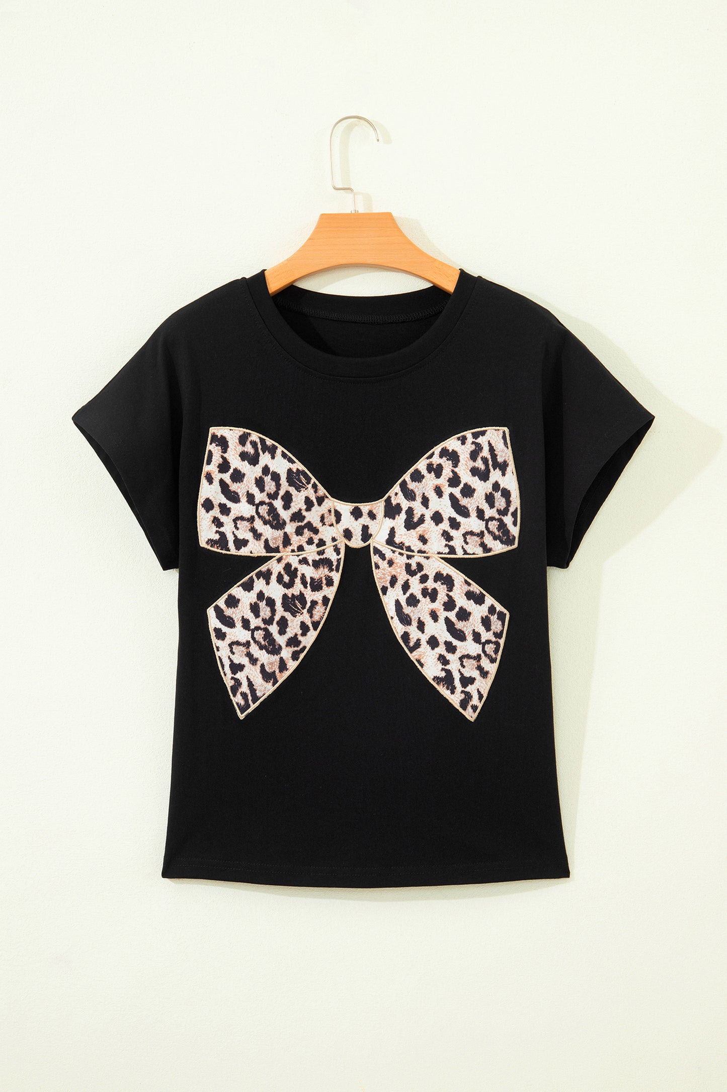 White Leopard Bow Embroidered Cotton Round Neck T Shirt