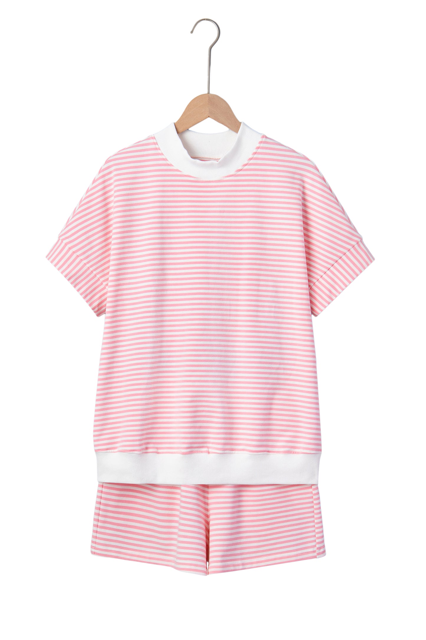 Stripe Cuffed Sleeve Contrast Mock Neck Tee Casual 2pcs Short Set