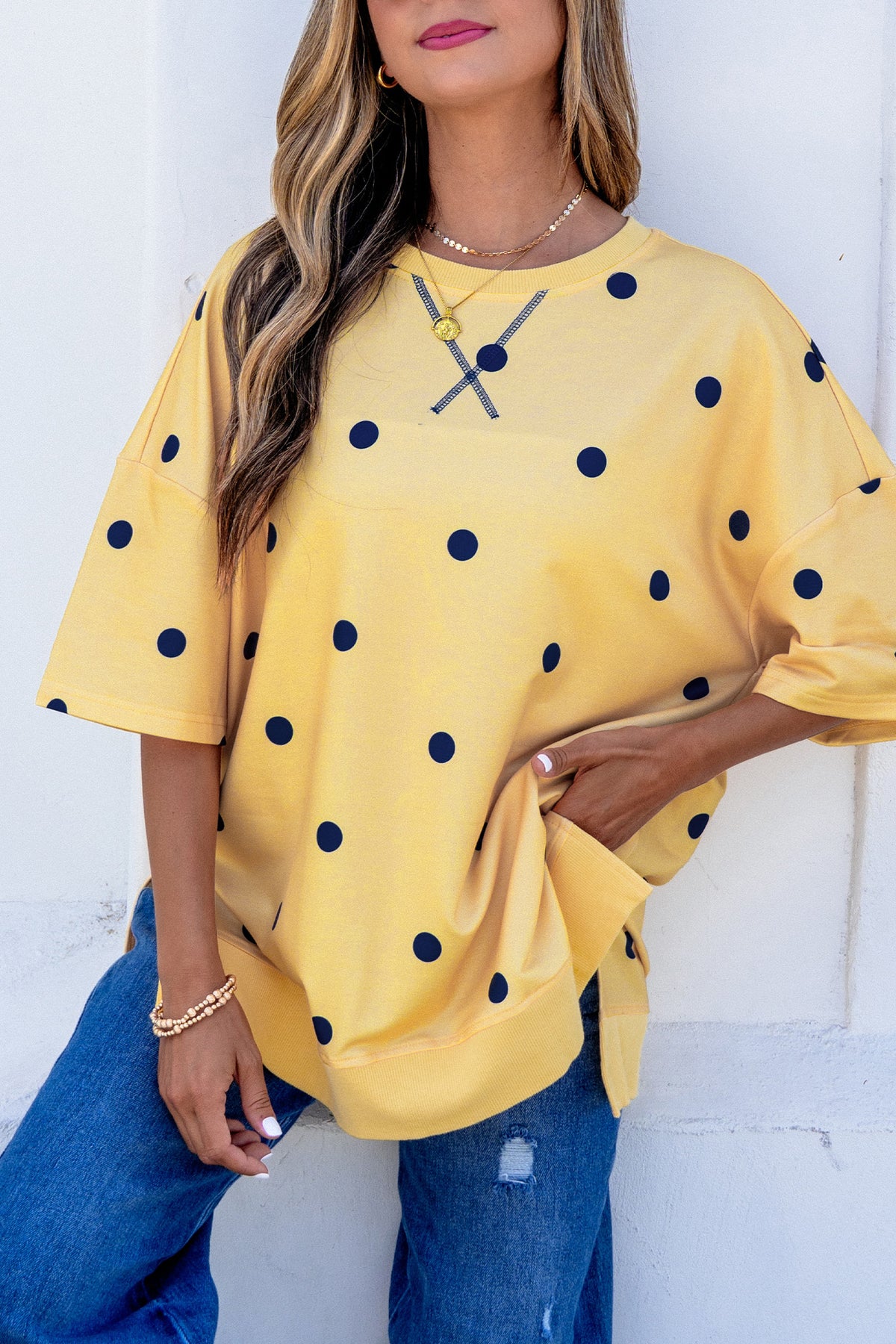 Polka Dot Print Crossed Seam Detail Oversize Tee
