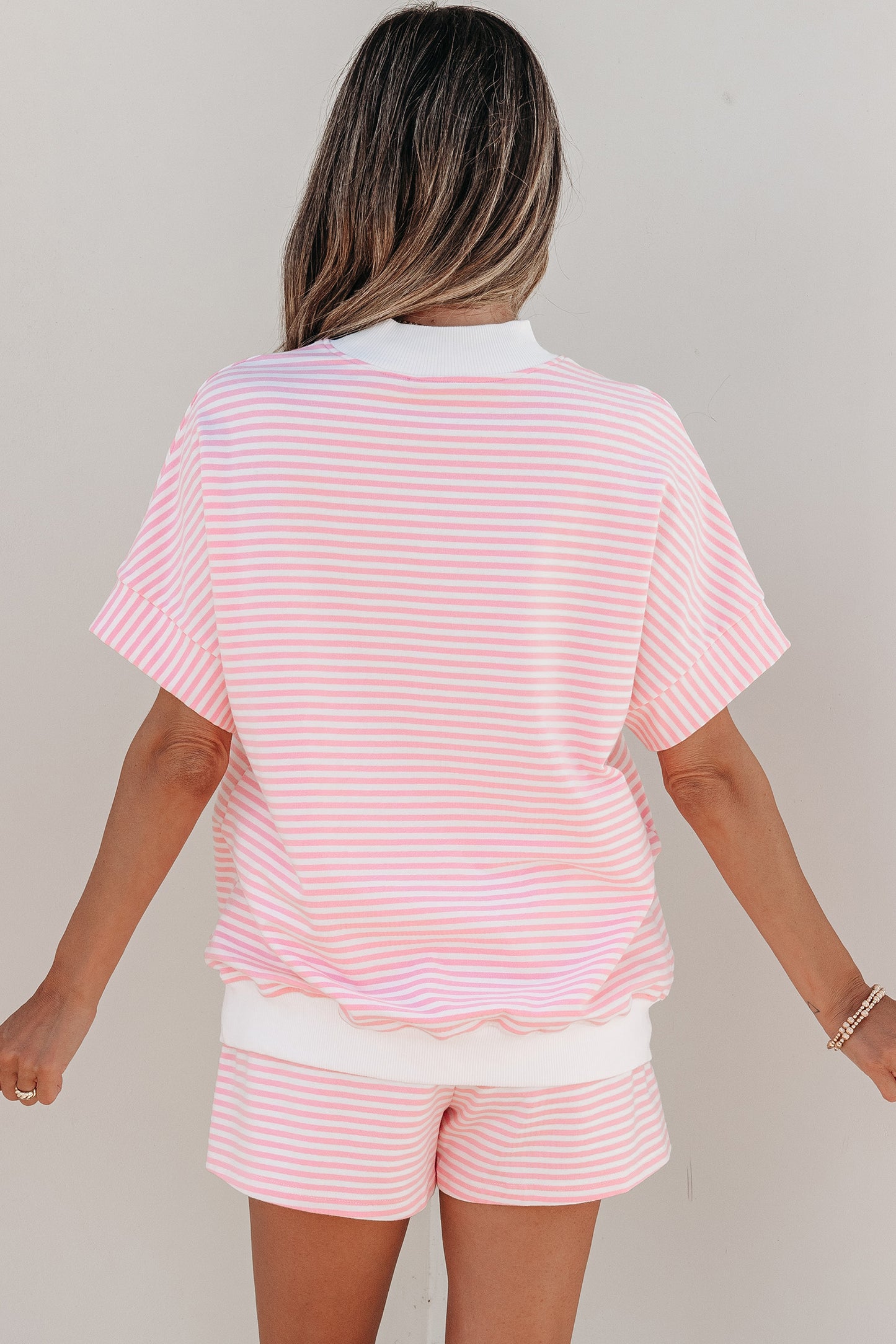 Stripe Cuffed Sleeve Contrast Mock Neck Tee Casual 2pcs Short Set