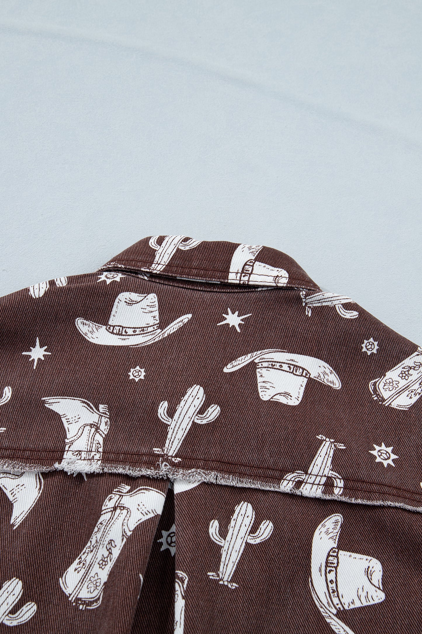 Brown Cowgirl Hats Boots Cactus Print Raw Edge Button Down Short Denim Dress