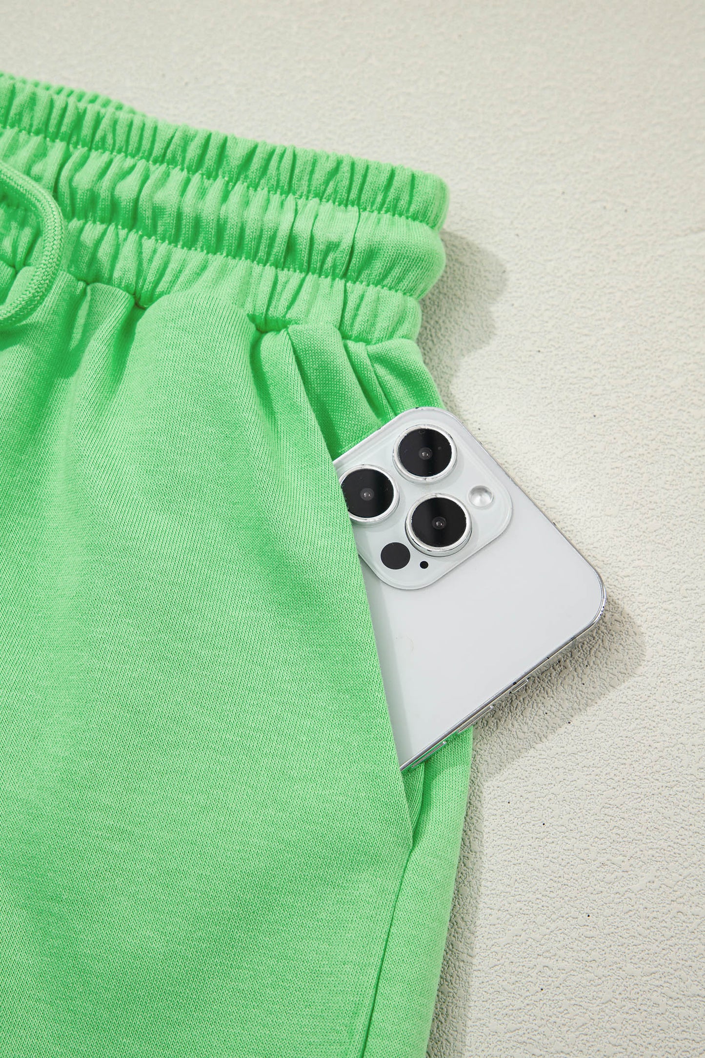 Green Solid Color Puffy Loose Top Drawstring Shorts 2pcs Outfit