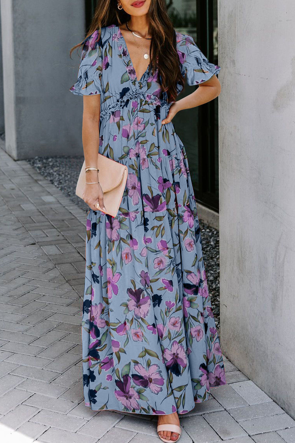 Black Fiery Floral Print Frilled V Neck Short Sleeve Maxi Dress