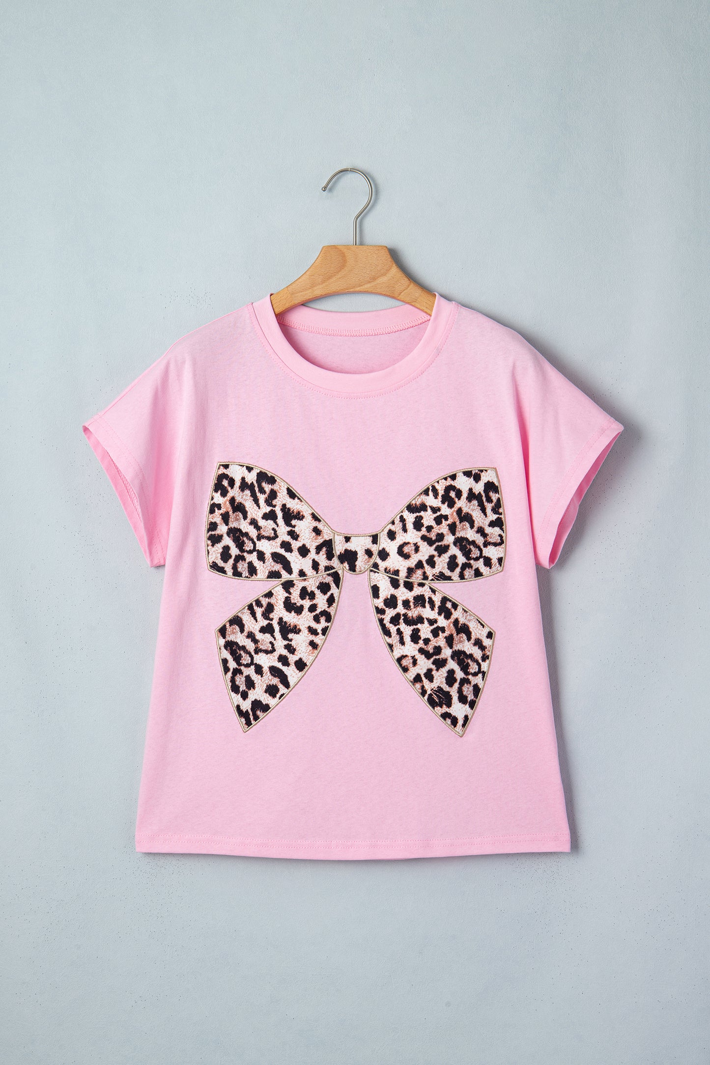 White Leopard Bow Embroidered Cotton Round Neck T Shirt