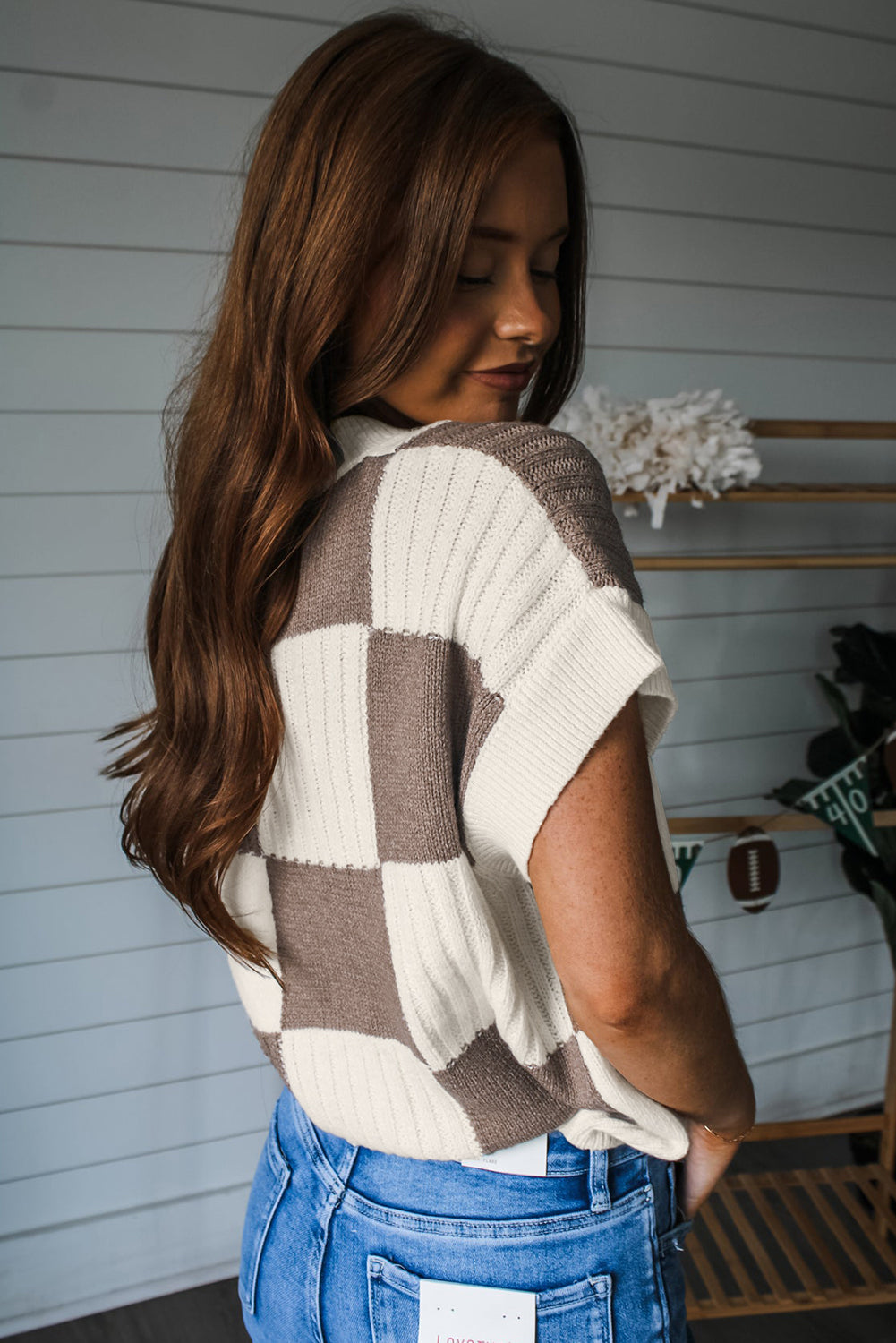 Checkered Color Block Crew Neck Short Sleeve Sweater- Light Blue, Khaki, Black