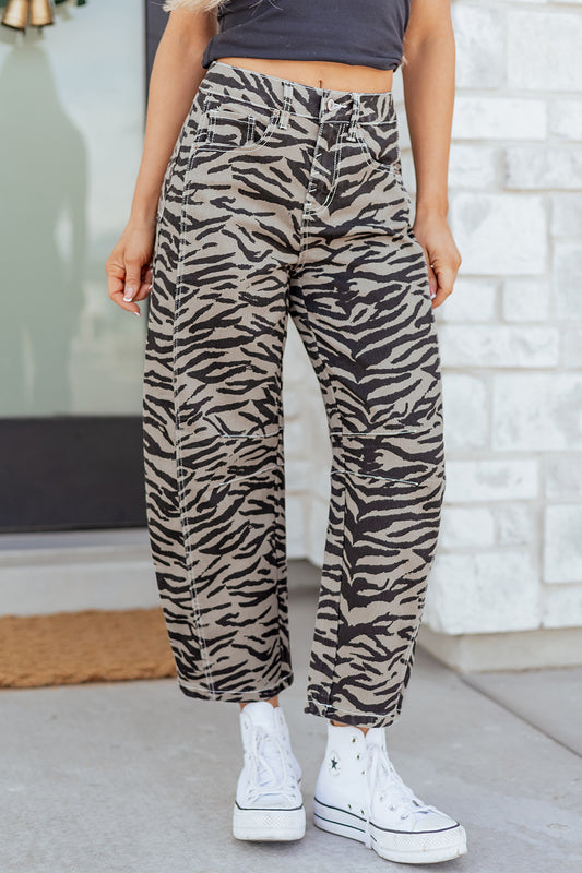 Gray Zebra Stripe Printed Wide Leg Barrel Jeans