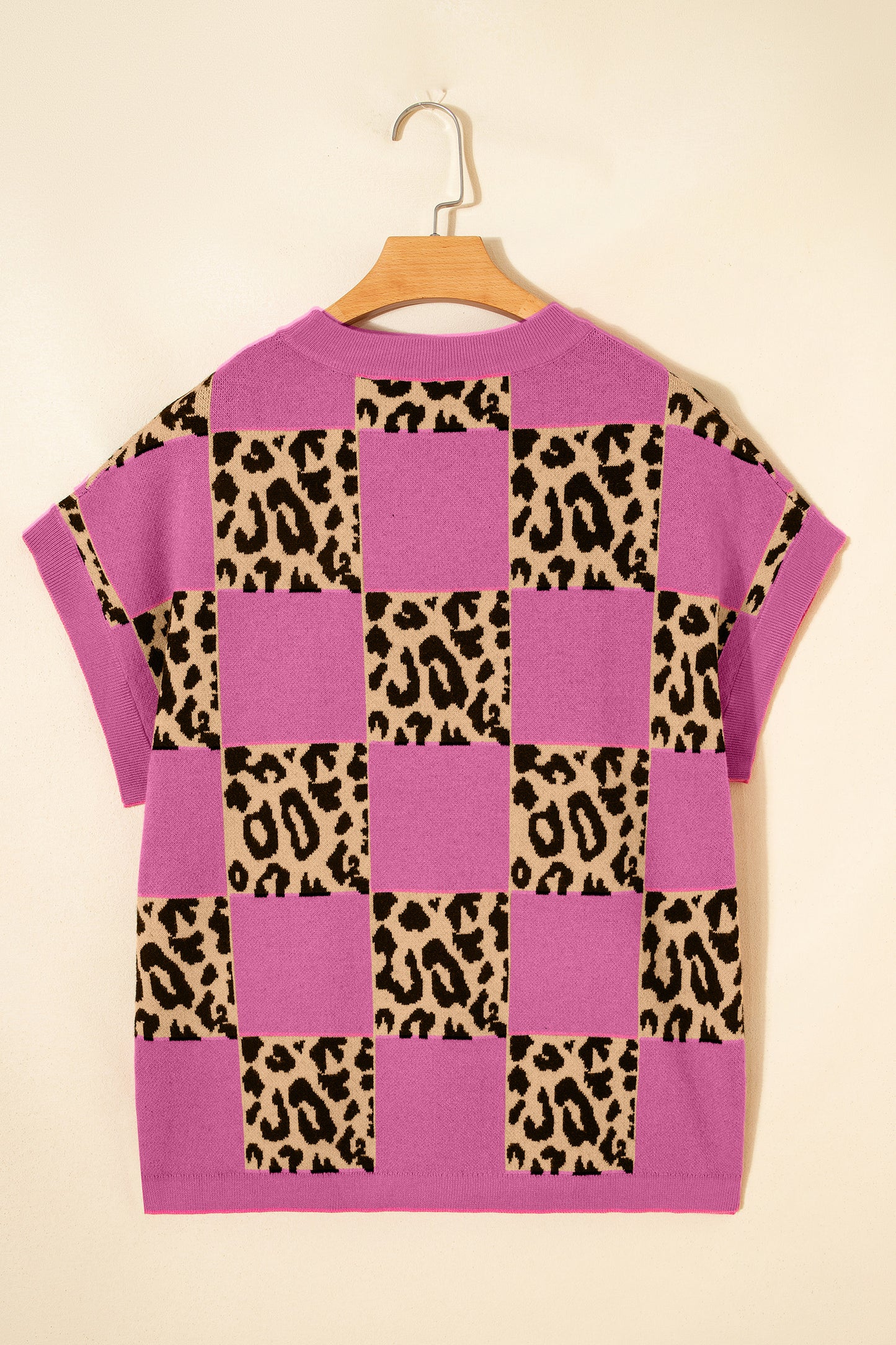 Red Leopard Checkerboard Short Sleeve Knit Sweater