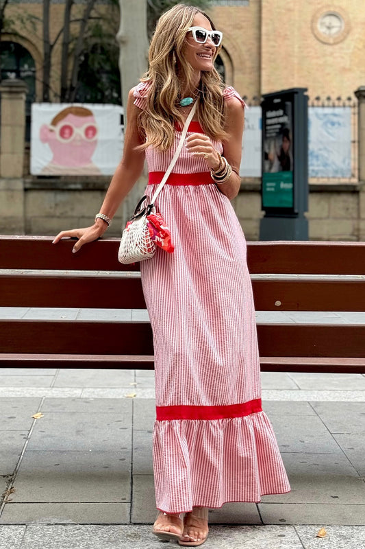 Red Stripe Bow Knot Straps Contrast Trim High Waist Ruffle Hem Maxi Dress