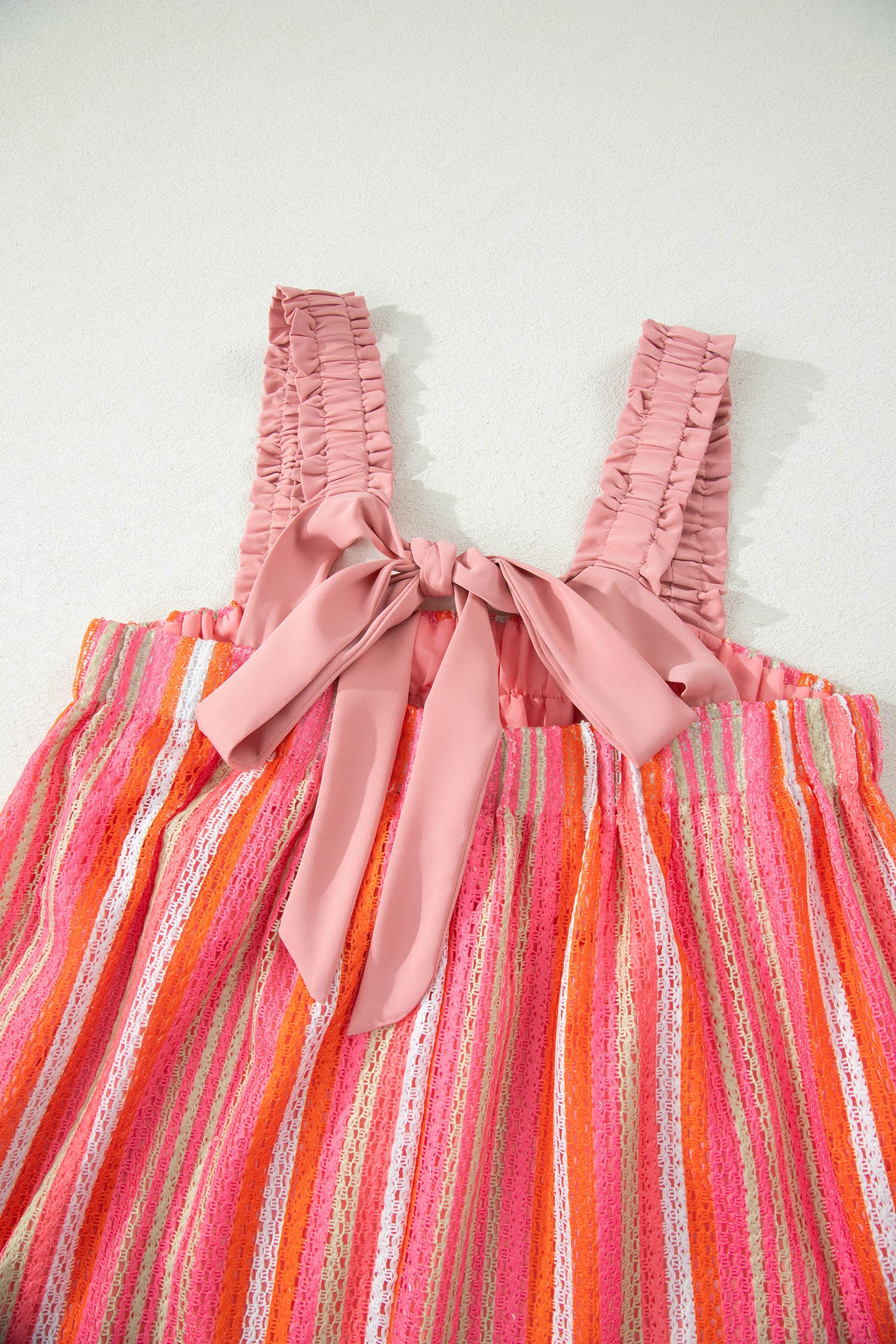 Pink Stripe Ruffled Straps Ribbon Knot Flowy Vacation Maxi Dress