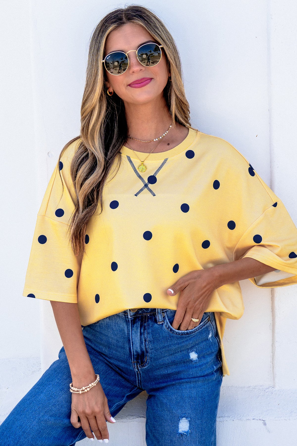 Polka Dot Print Crossed Seam Detail Oversize Tee