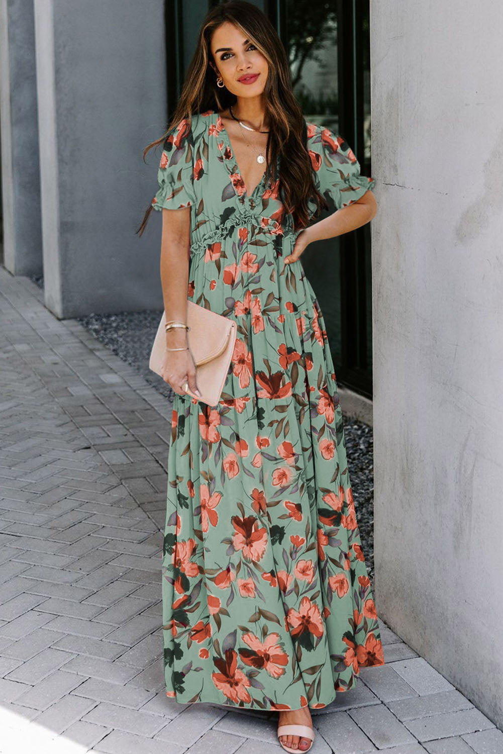 Black Fiery Floral Print Frilled V Neck Short Sleeve Maxi Dress