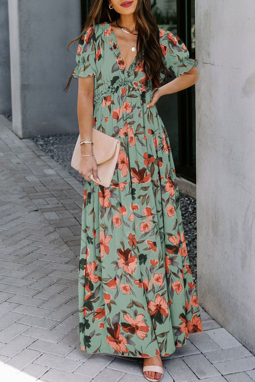 Black Fiery Floral Print Frilled V Neck Short Sleeve Maxi Dress