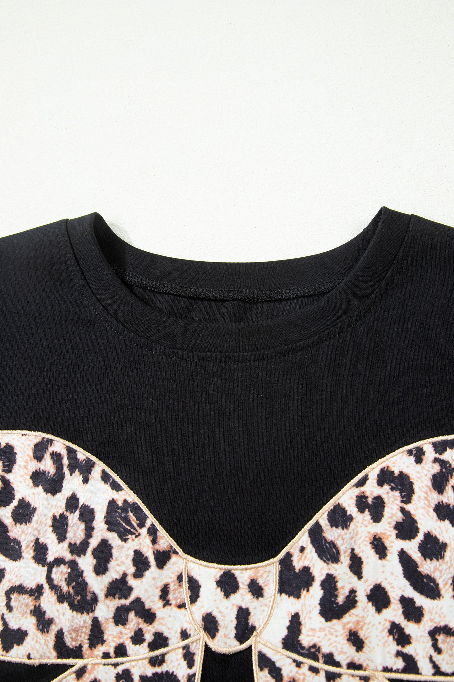 White Leopard Bow Embroidered Cotton Round Neck T Shirt