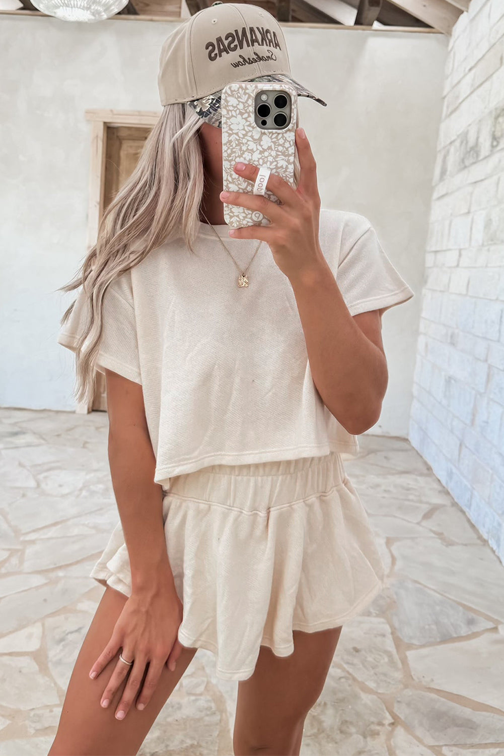 2pcs Cropped Tee and Ruffle High Waist Skort Set- Black, Beige, Blossom