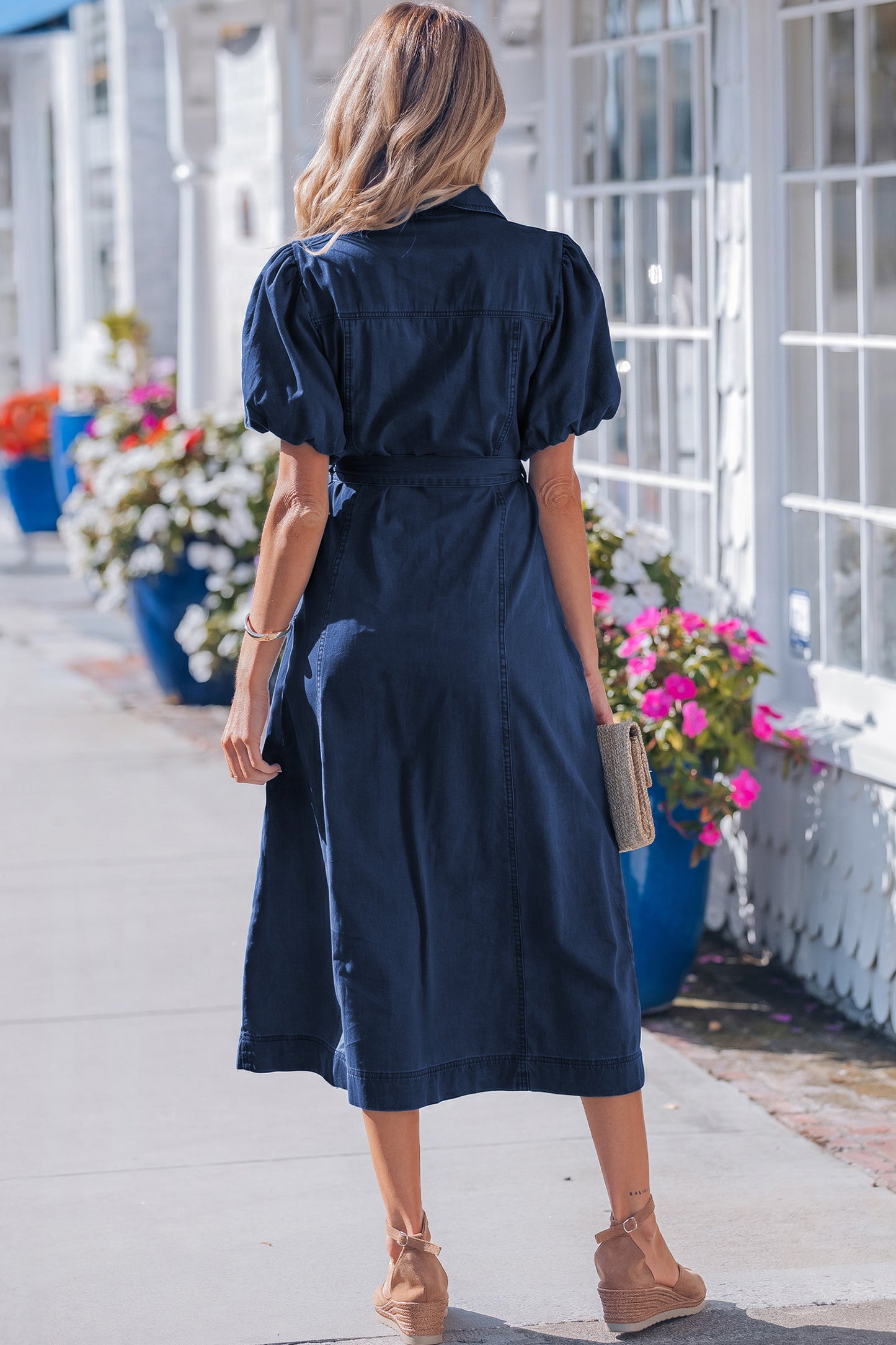 Beau Blue Full Buttons Collared Short Bubble Sleeve Long Denim Dress