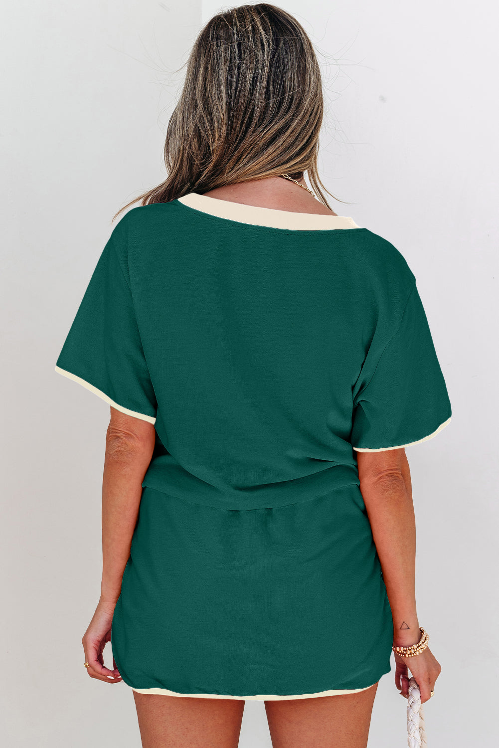 Colorblock Edge Drop Shoulder T Shirt and Skort 2Pcs Set- Turquoise, Evergreen, Bonbon