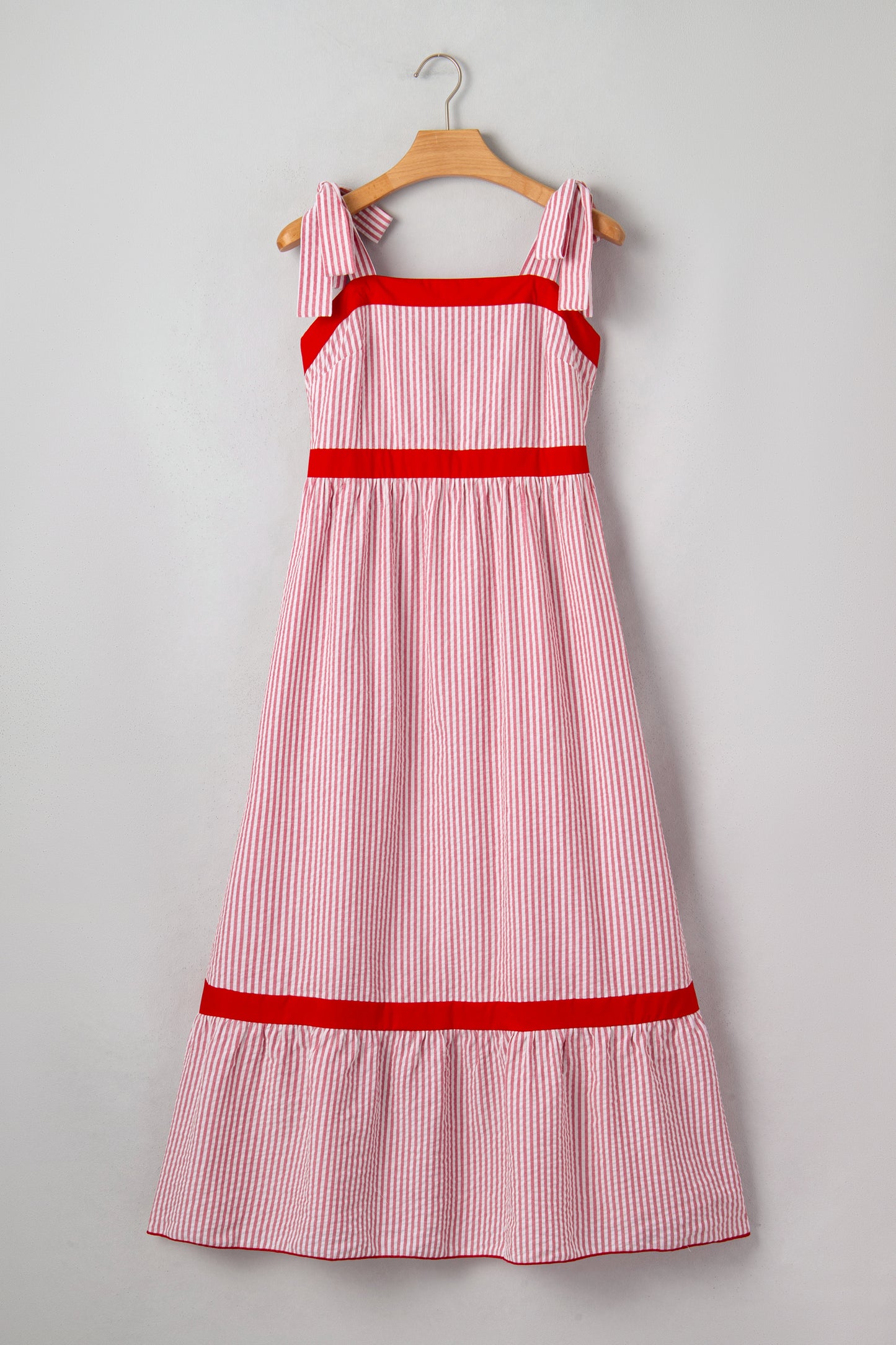Red Stripe Bow Knot Straps Contrast Trim High Waist Ruffle Hem Maxi Dress