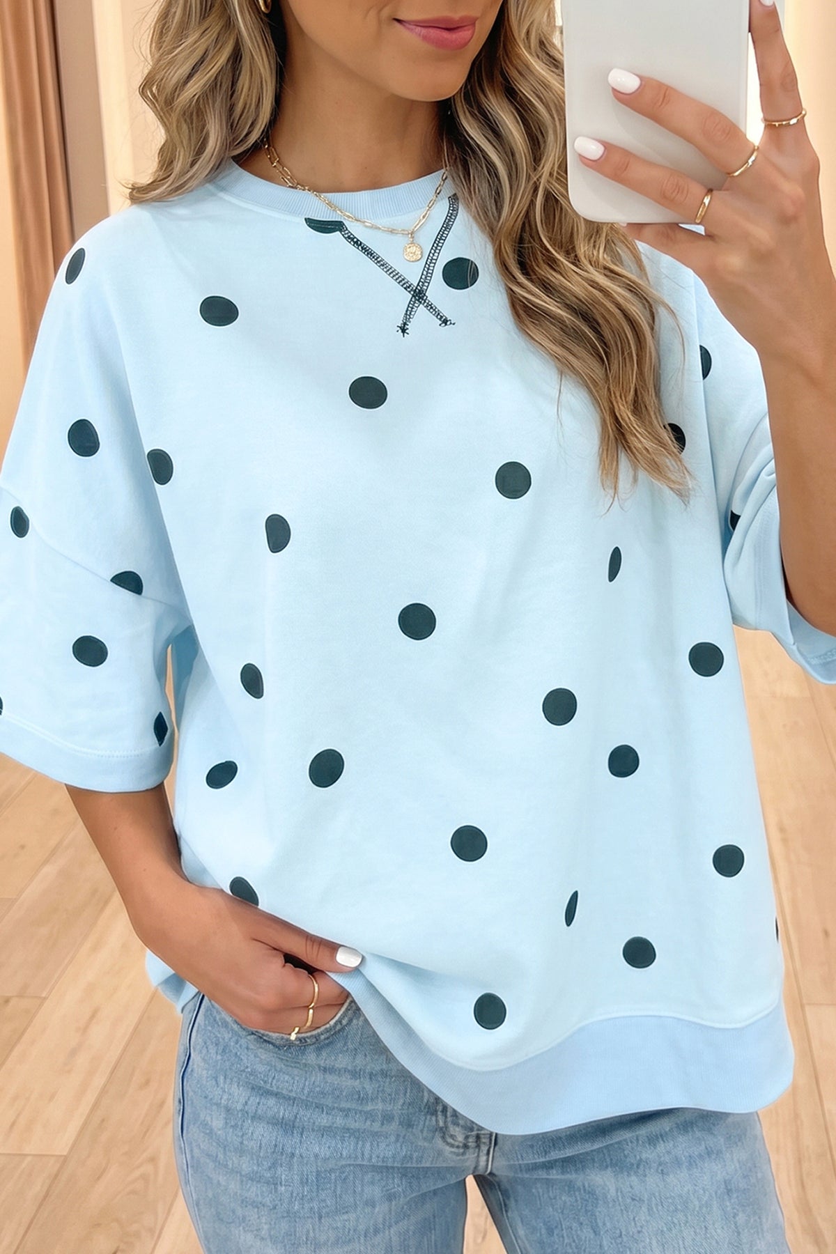 Polka Dot Print Crossed Seam Detail Oversize Tee