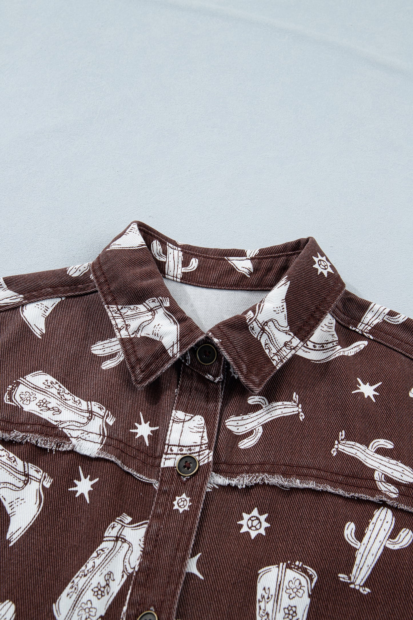 Brown Cowgirl Hats Boots Cactus Print Raw Edge Button Down Short Denim Dress
