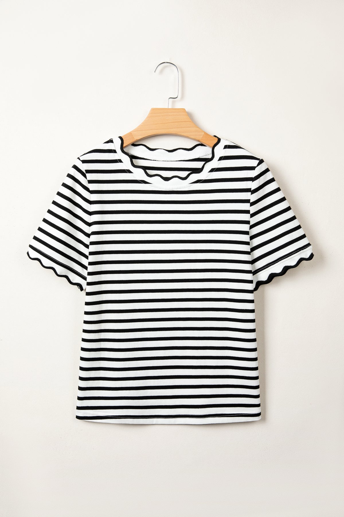 Red Stripe Scalloped Trim Round Neck T Shirt