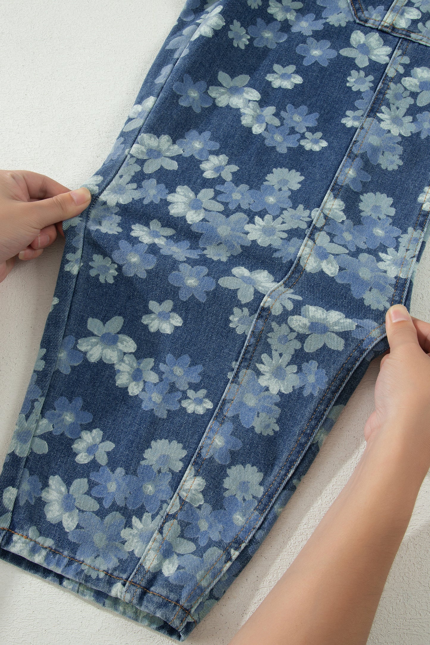 Sky Blue Dainty Floral Printed Drawstring Barrel Jeans