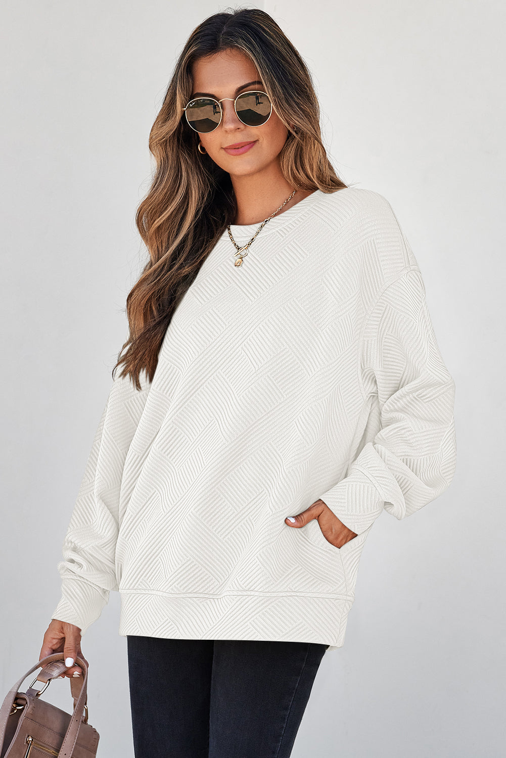 Black Solid Color Textured Round Neck Drop Shoulder Pullover Sweatshirt