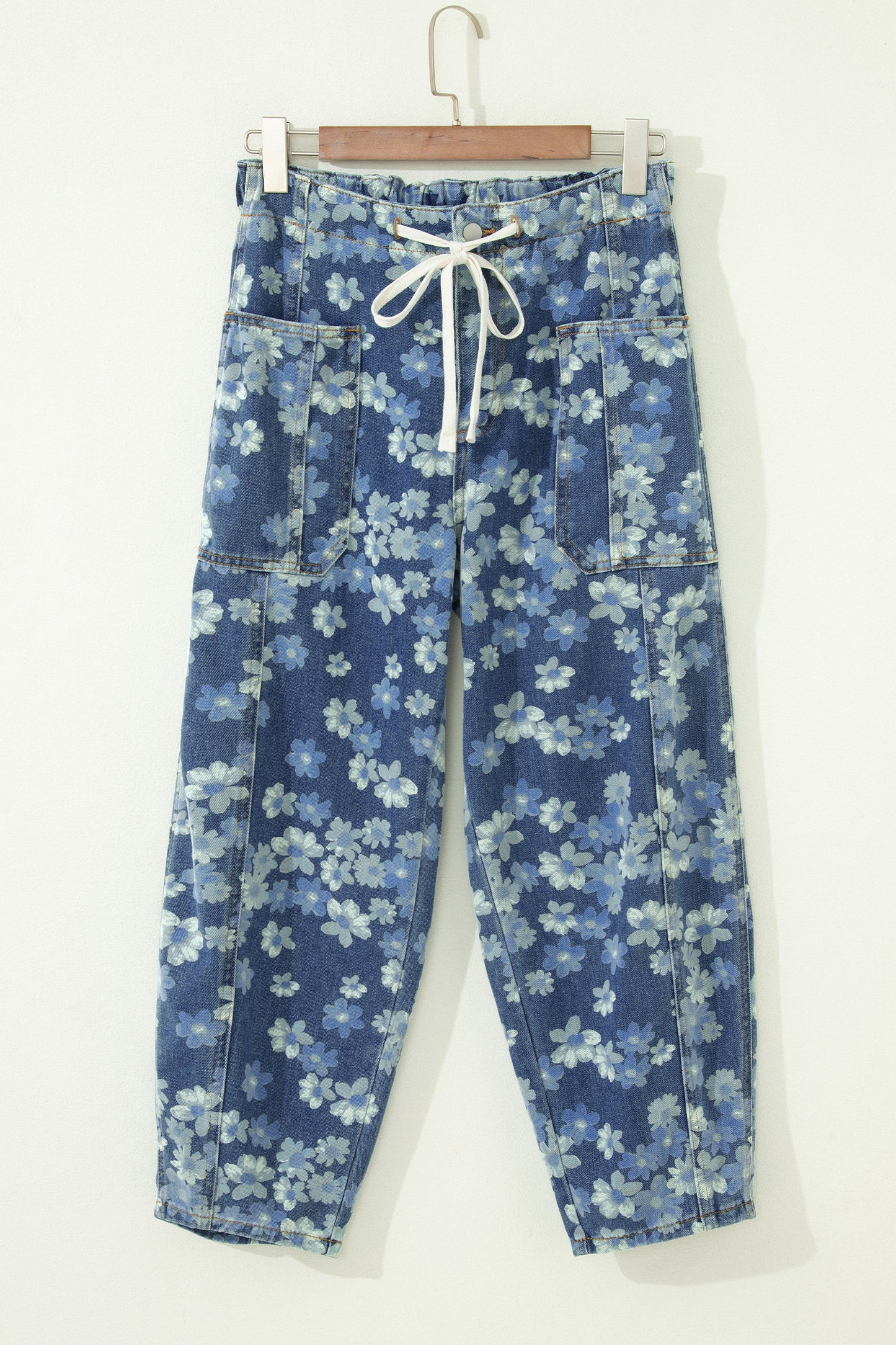 Sky Blue Dainty Floral Printed Drawstring Barrel Jeans