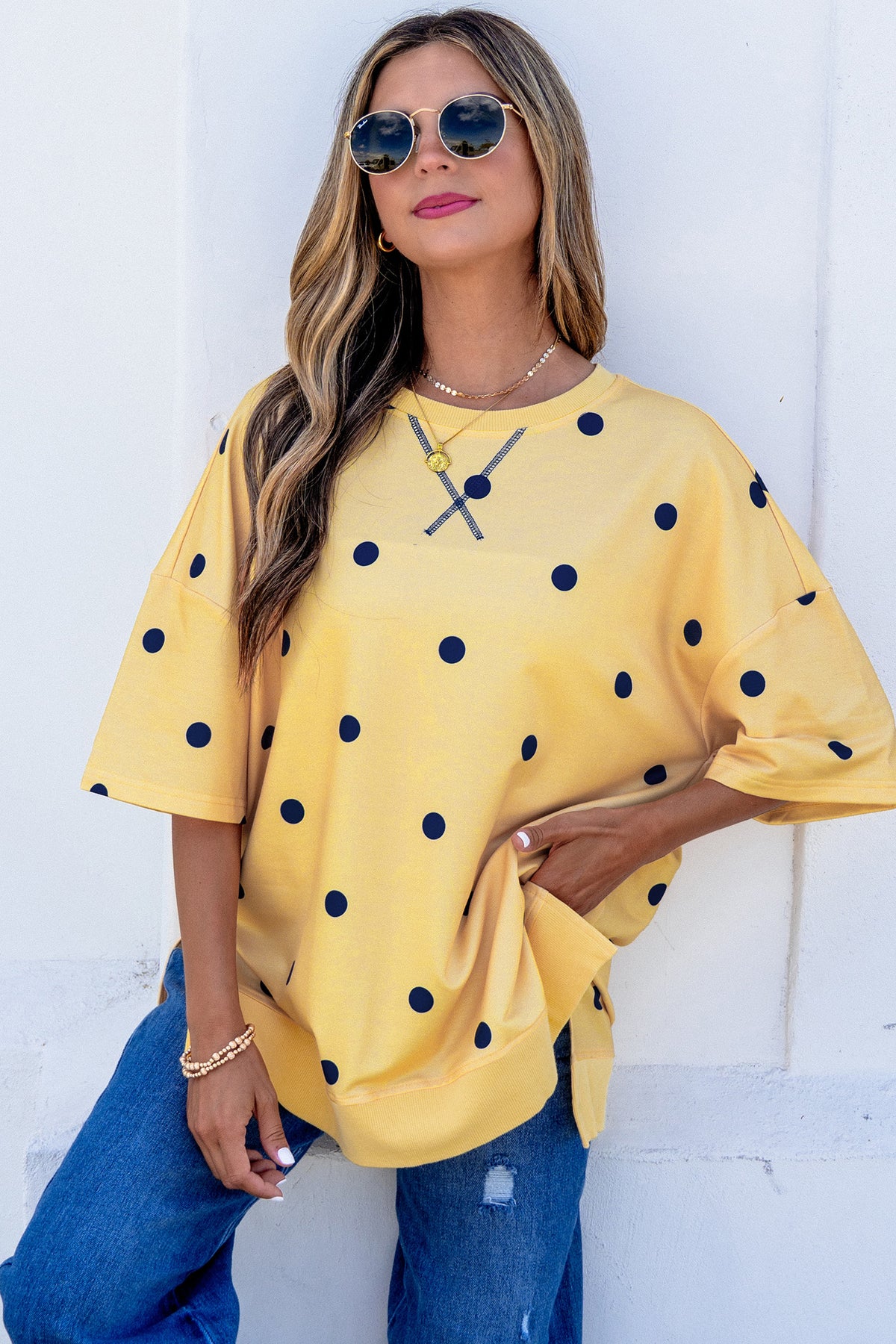 Polka Dot Print Crossed Seam Detail Oversize Tee