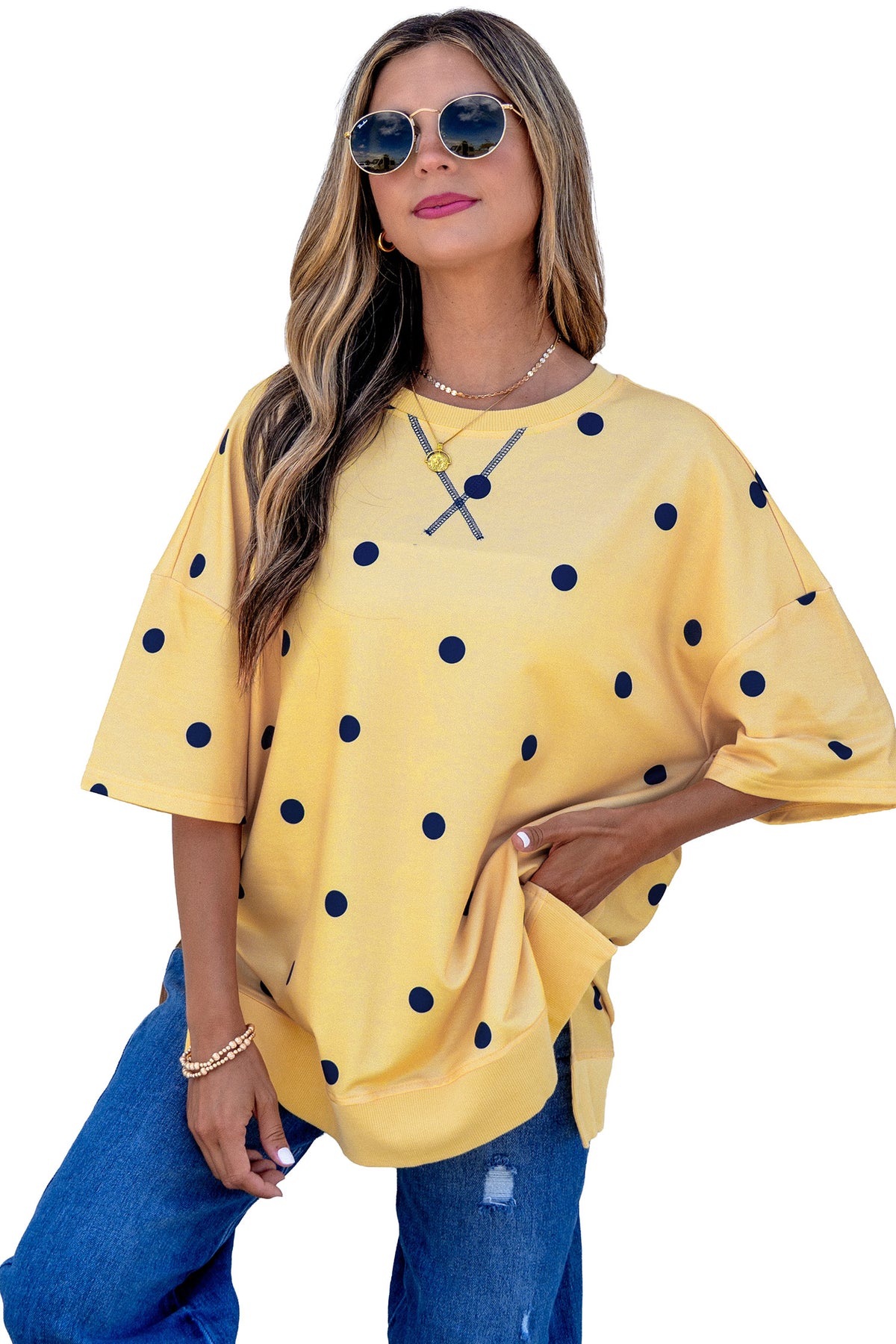 Polka Dot Print Crossed Seam Detail Oversize Tee