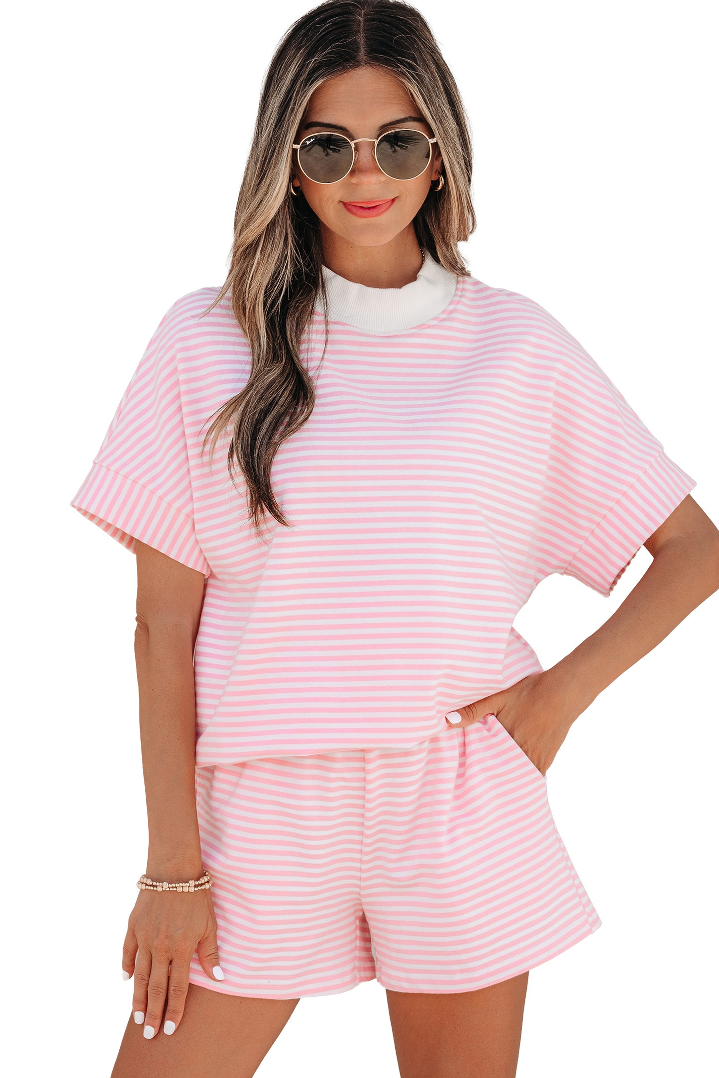 Stripe Cuffed Sleeve Contrast Mock Neck Tee Casual 2pcs Short Set