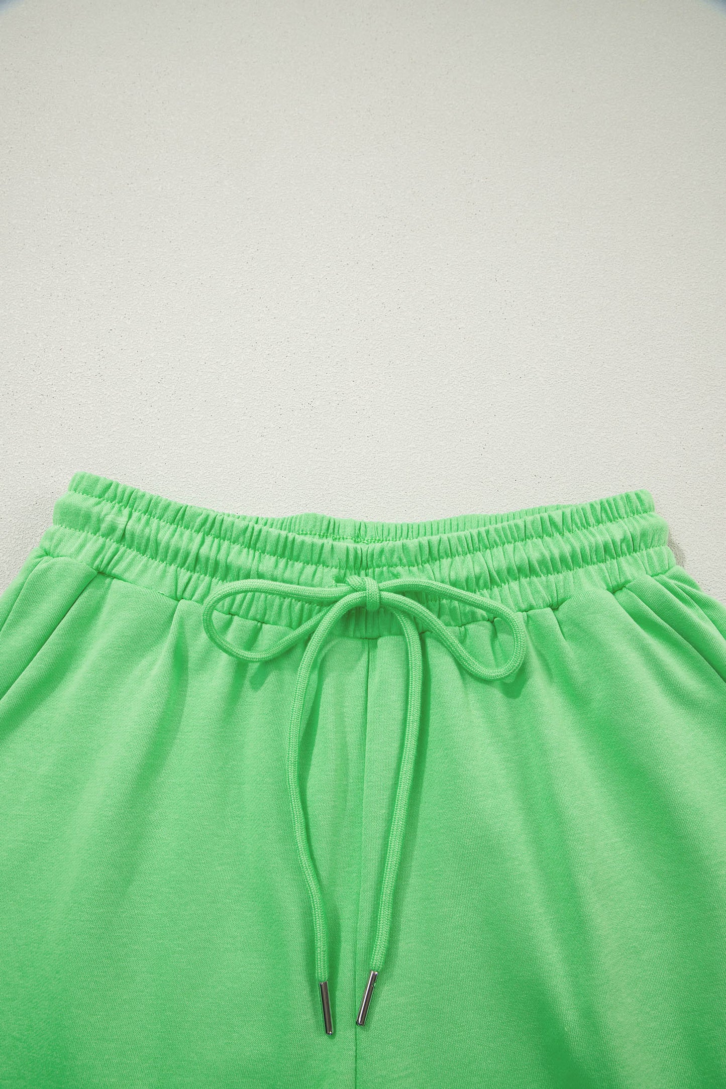 Green Solid Color Puffy Loose Top Drawstring Shorts 2pcs Outfit