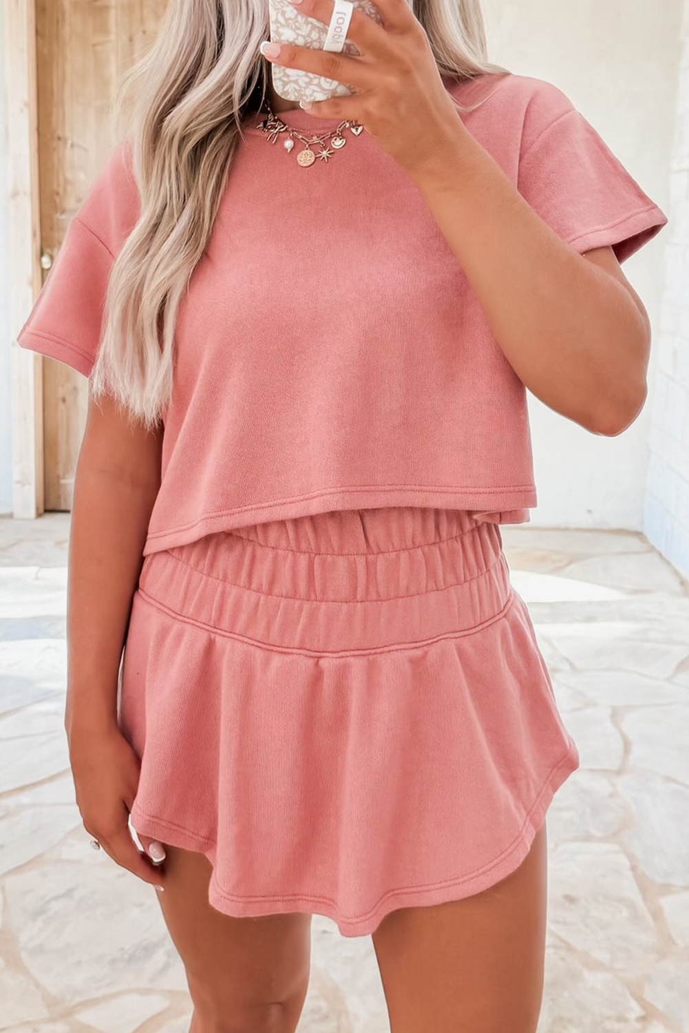 2pcs Cropped Tee and Ruffle High Waist Skort Set- Black, Beige, Blossom