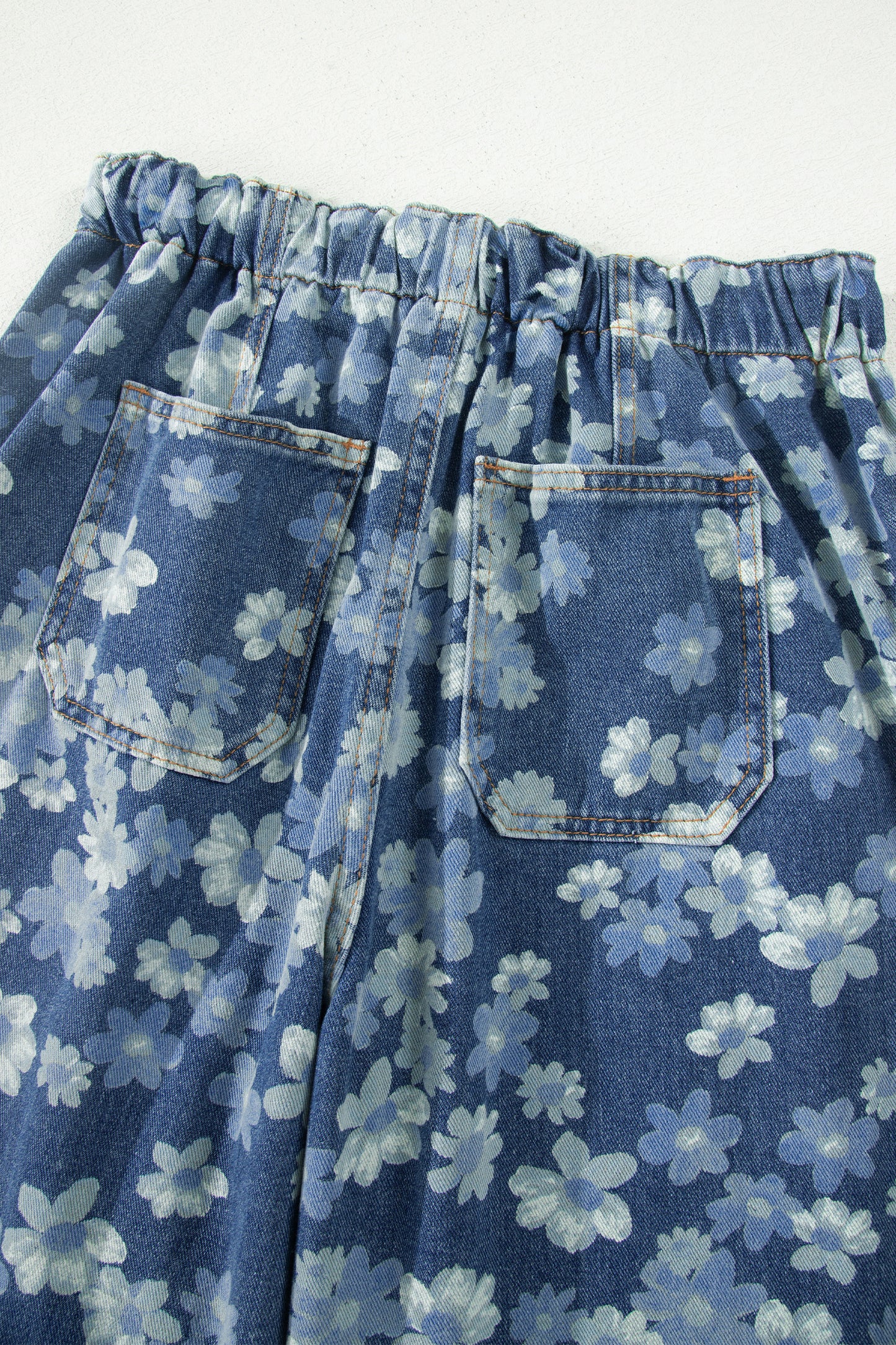 Sky Blue Dainty Floral Printed Drawstring Barrel Jeans