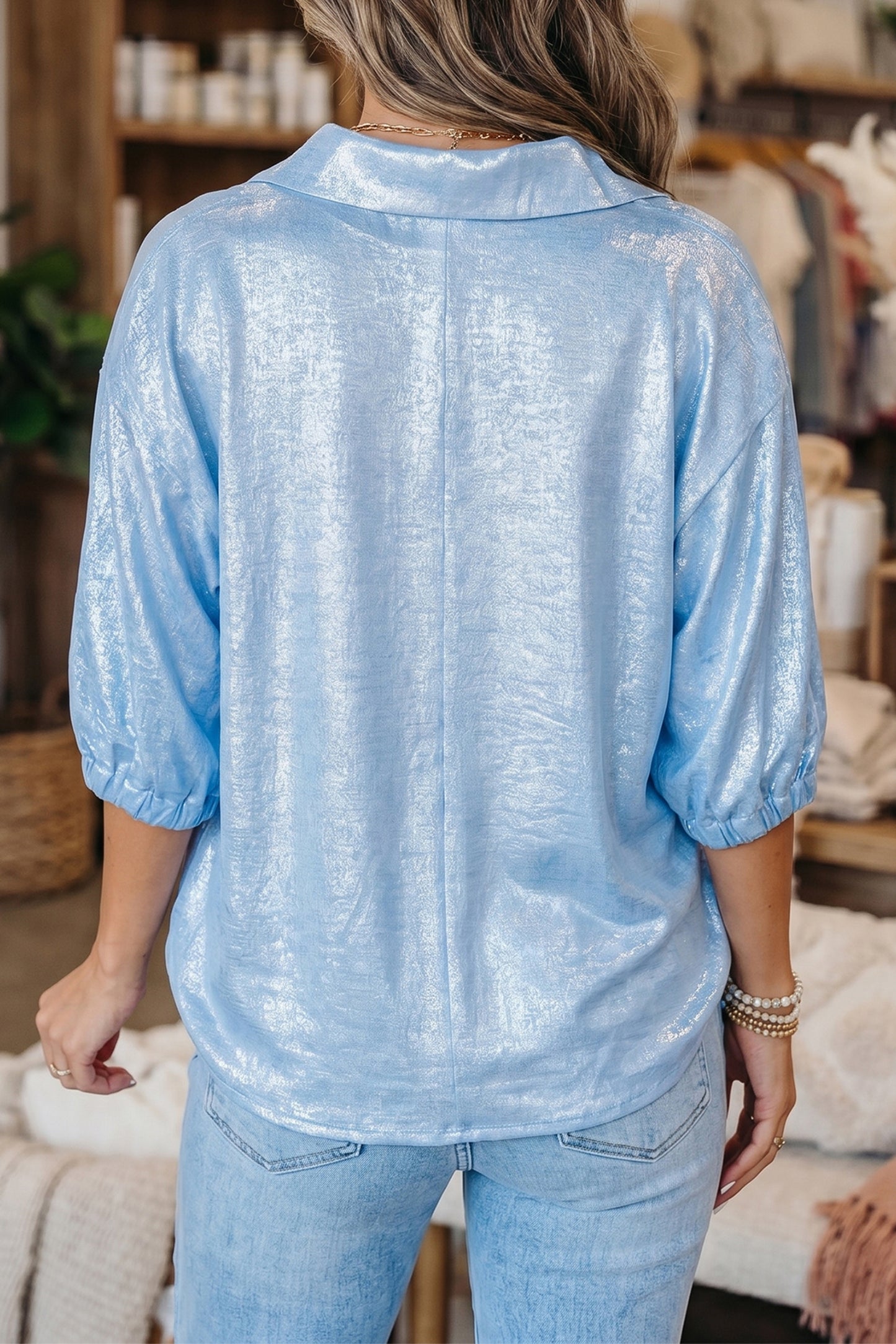Strawberry Pink Collared V Neck Half Sleeve Metallic Top