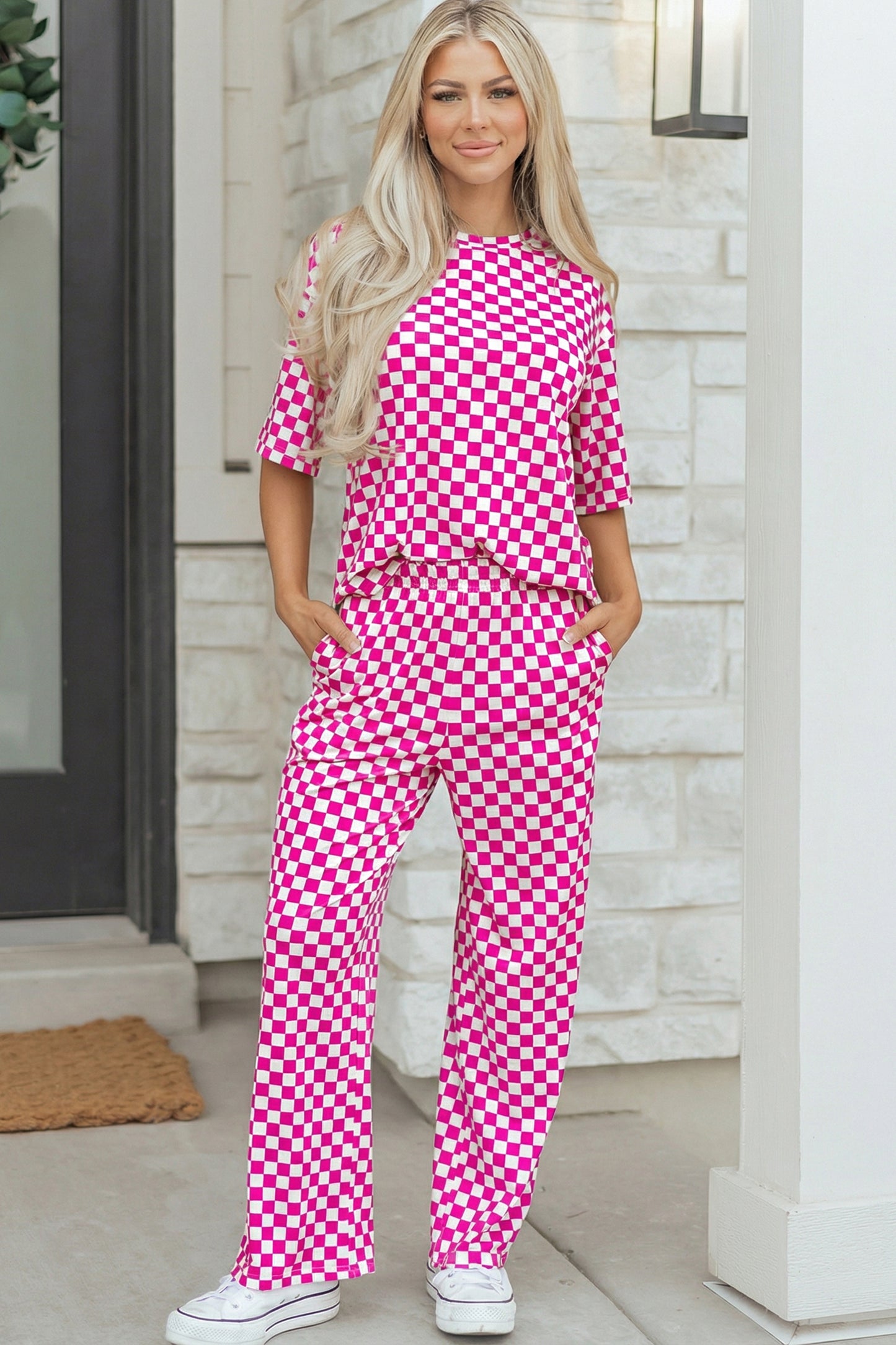 Khaki Checkered Print Half Sleeve Tee 2pcs Lounge Pant Set