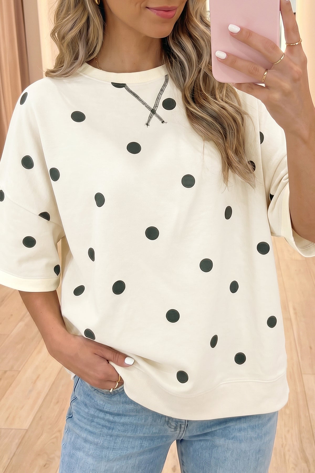 Polka Dot Print Crossed Seam Detail Oversize Tee