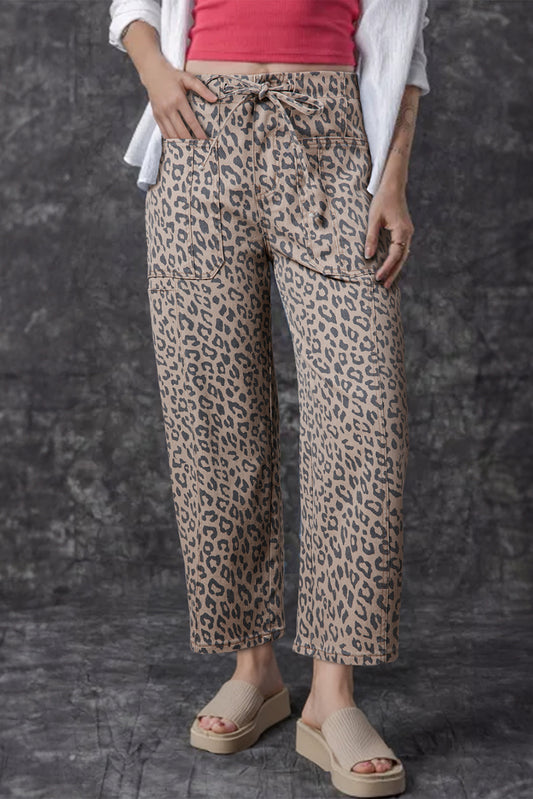 Leopard Printed Drawstring Elastic Waistband Pocketed Barrel Jeans- Khaki, Blue