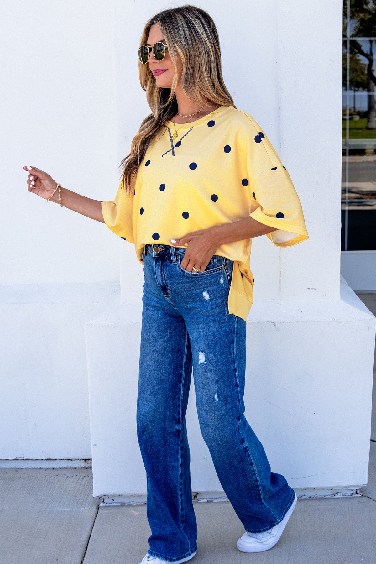 Polka Dot Print Crossed Seam Detail Oversize Tee