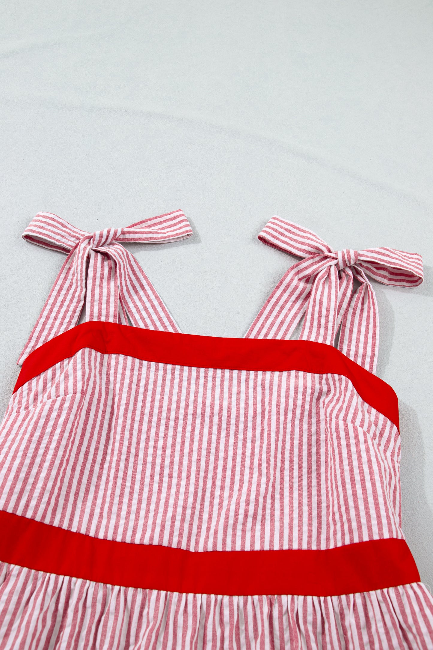 Red Stripe Bow Knot Straps Contrast Trim High Waist Ruffle Hem Maxi Dress