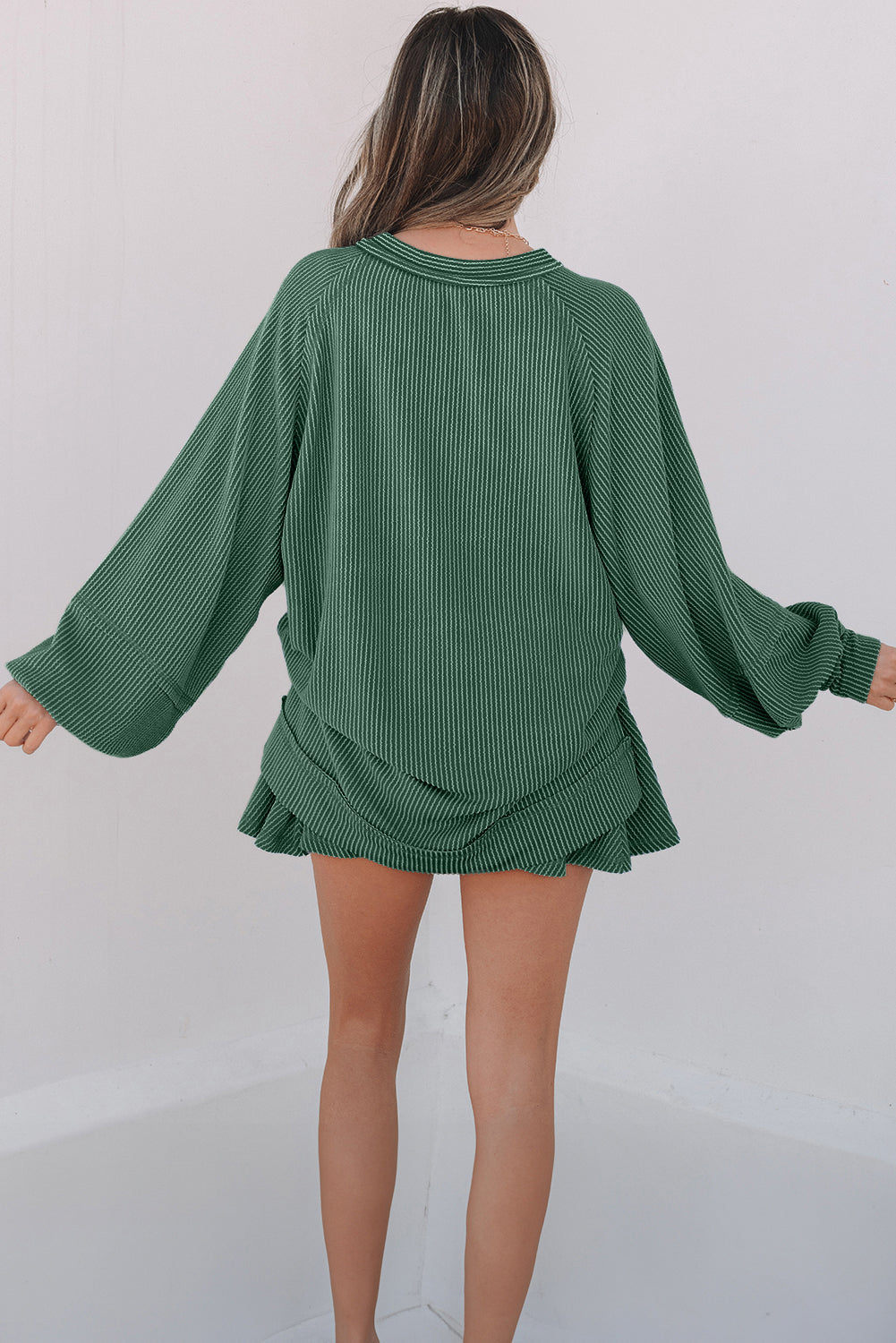 Corded Lantern Sleeve Top High Waist Ruffled Mini Skort Set- Jet Stream, Dark Grey, Sky Blue, Mist Green