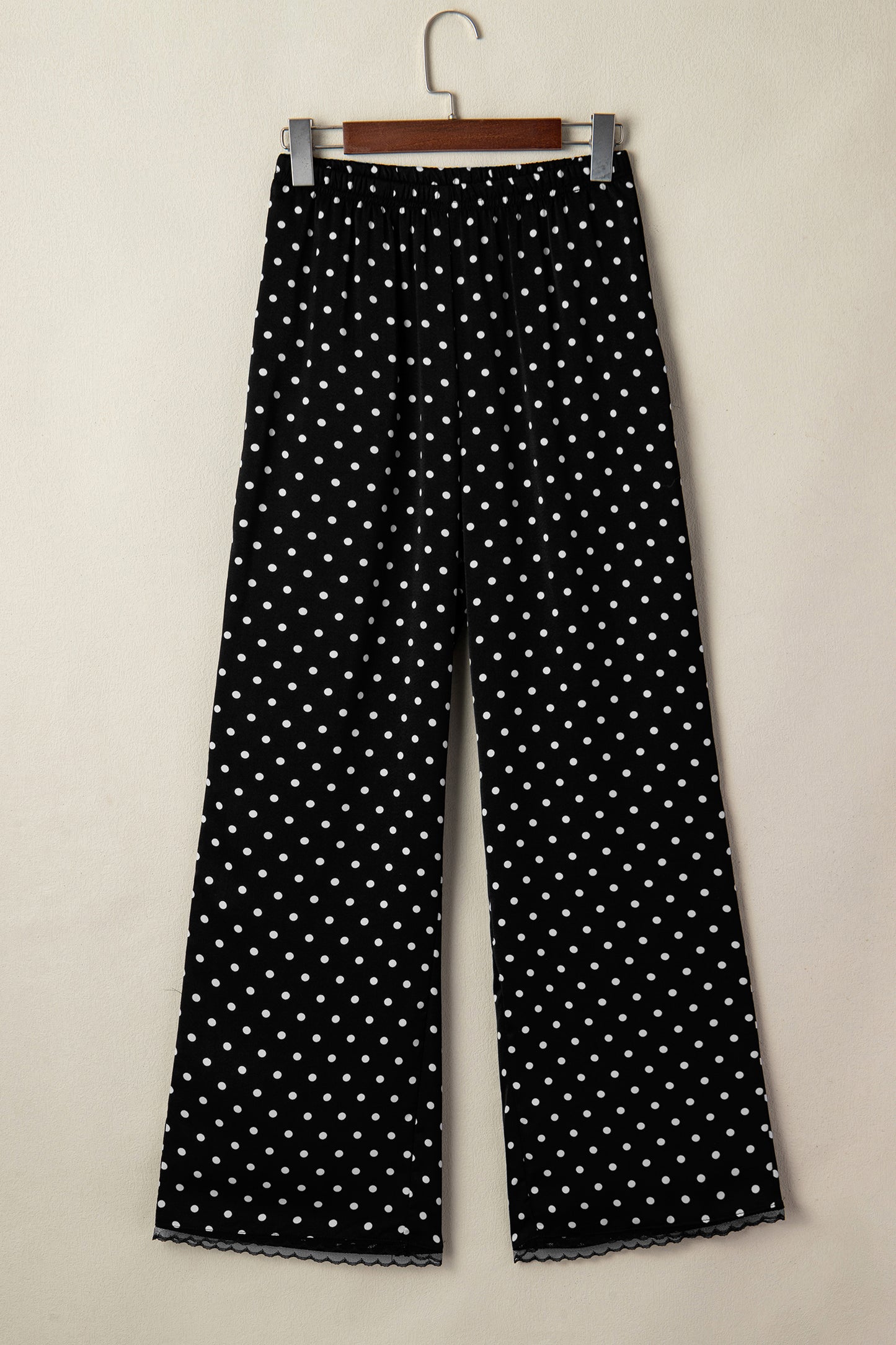 Black Polka Dot Print Elastic Waist Lace Hem Loose Pants