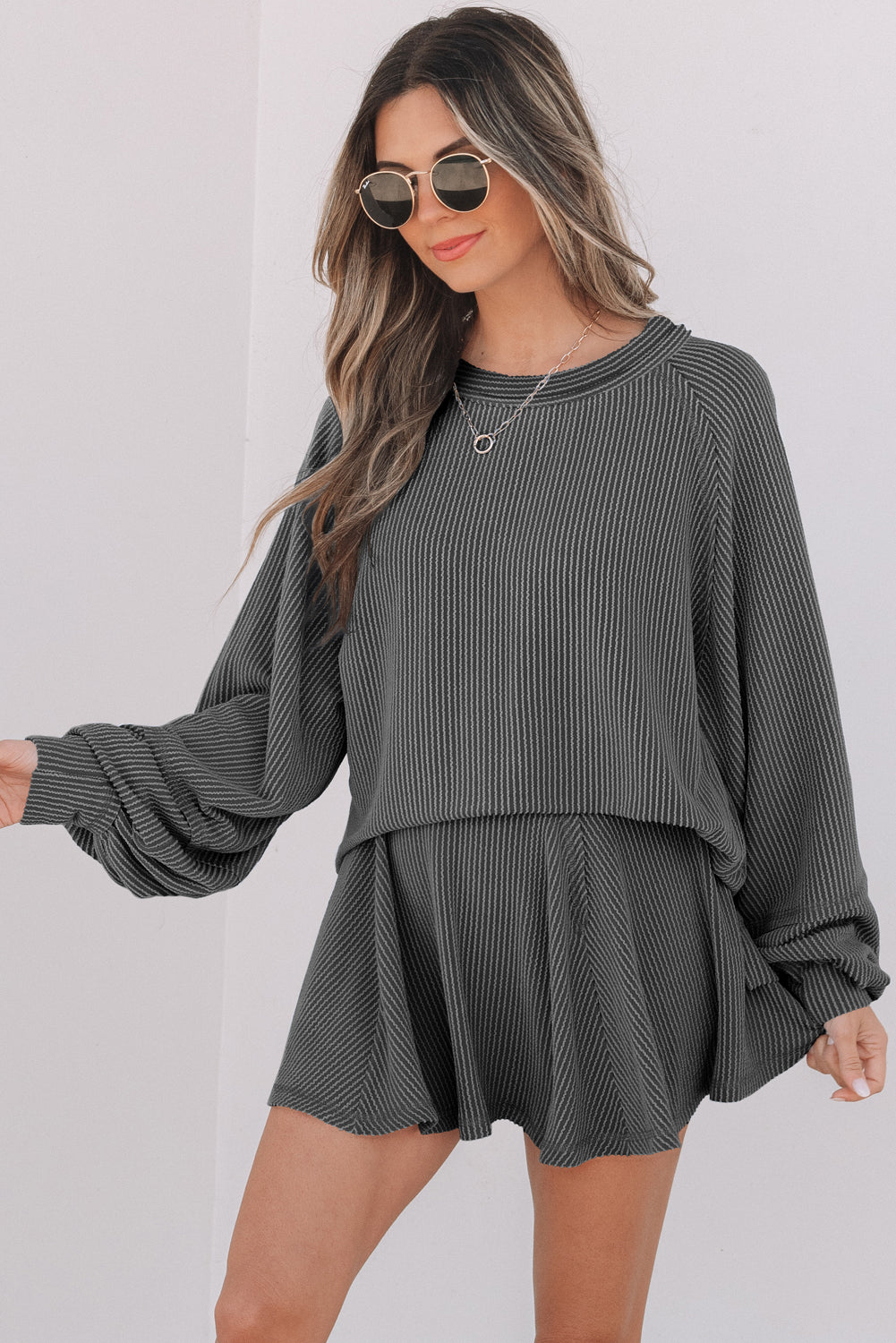 Corded Lantern Sleeve Top High Waist Ruffled Mini Skort Set- Jet Stream, Dark Grey, Sky Blue, Mist Green