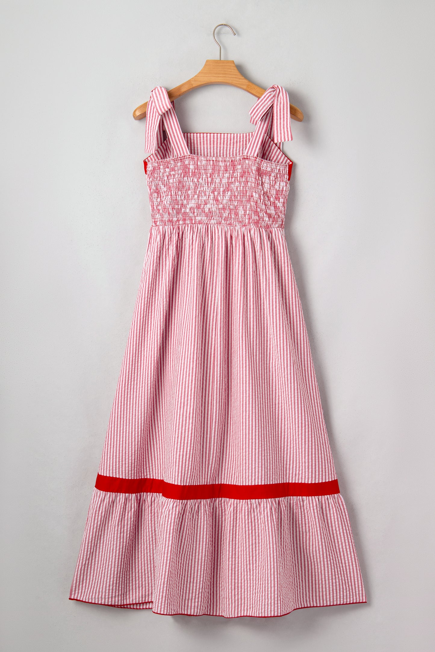 Red Stripe Bow Knot Straps Contrast Trim High Waist Ruffle Hem Maxi Dress