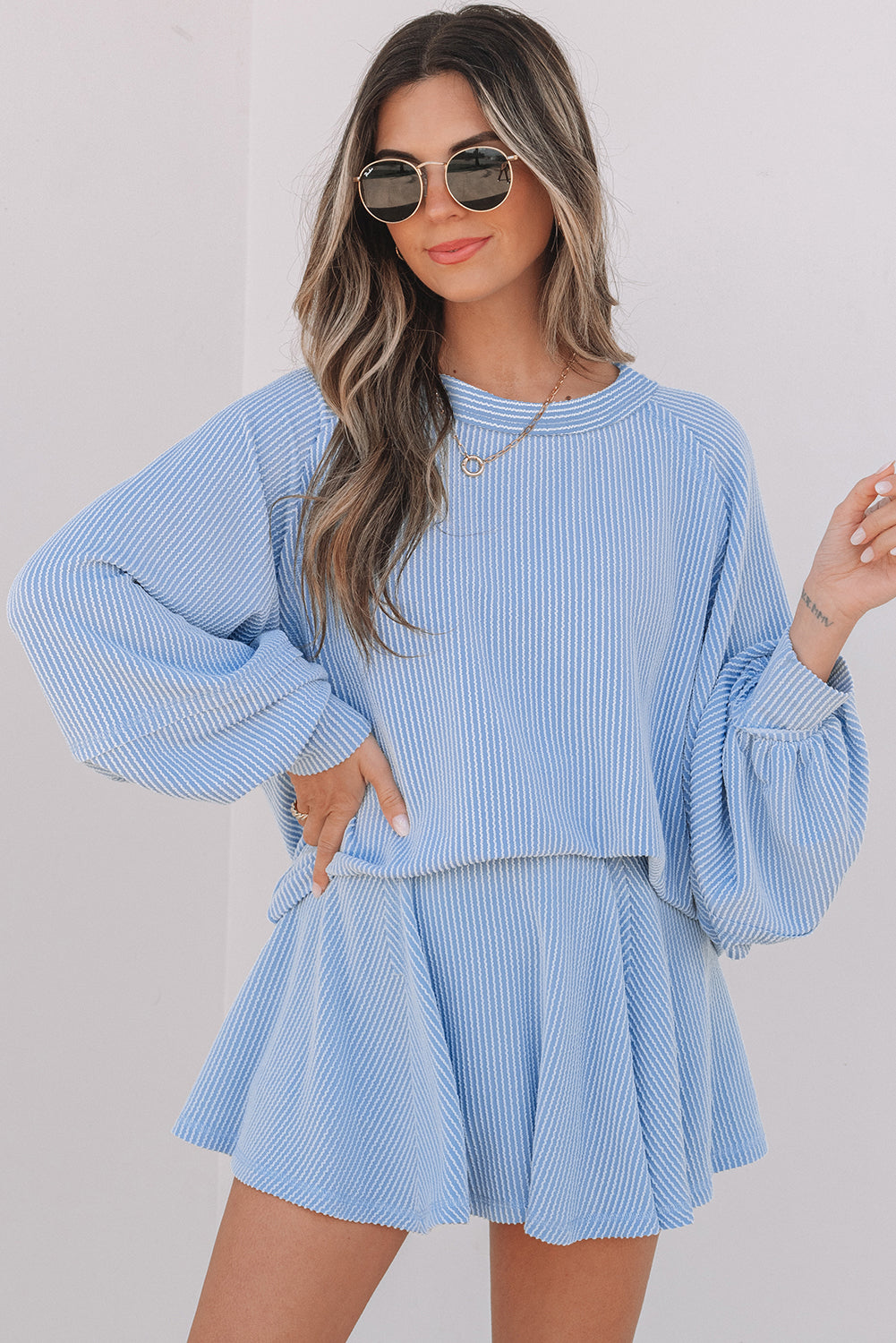 Corded Lantern Sleeve Top High Waist Ruffled Mini Skort Set- Jet Stream, Dark Grey, Sky Blue, Mist Green